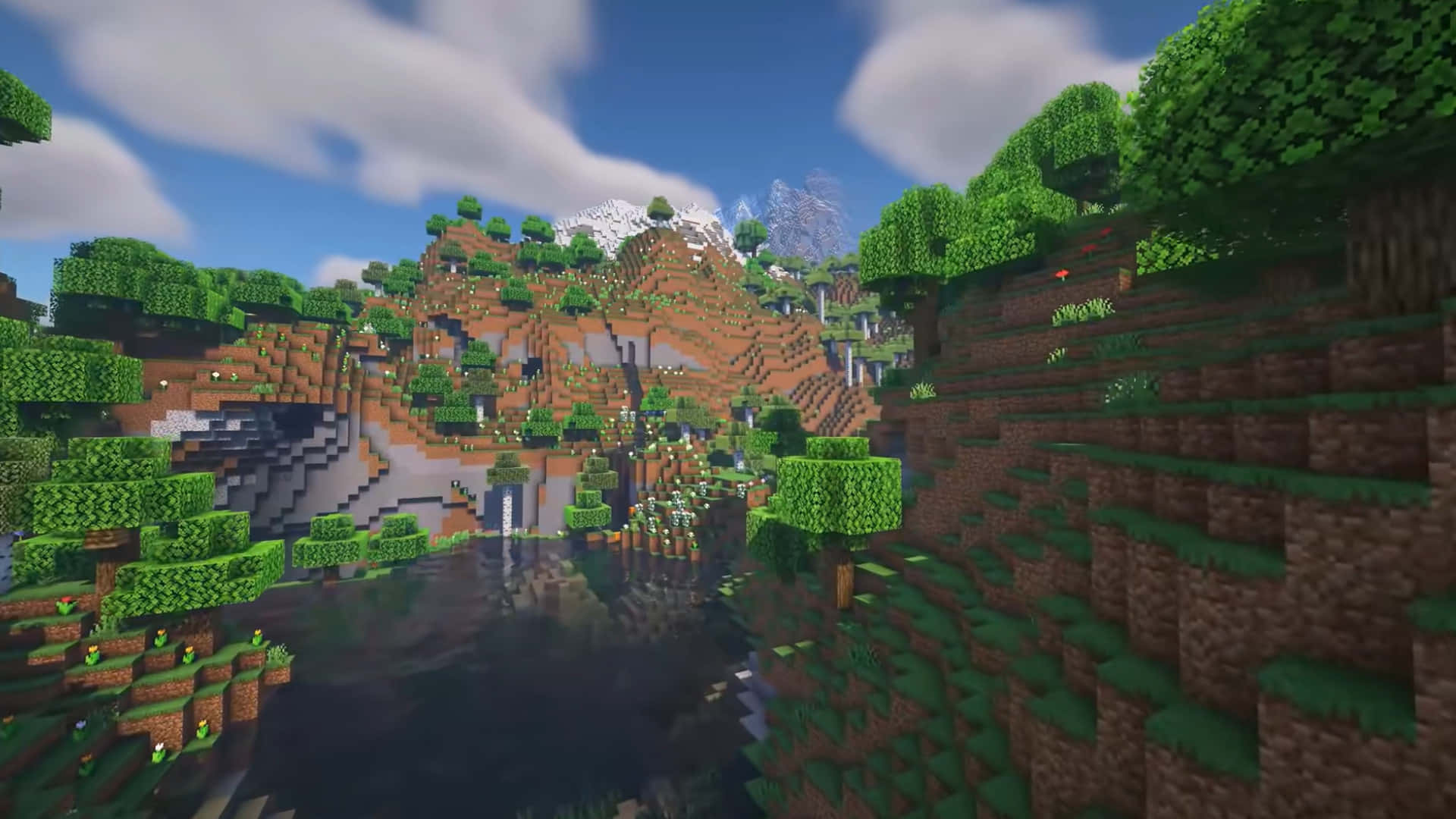 マインクラフトの山と川の風景 壁紙