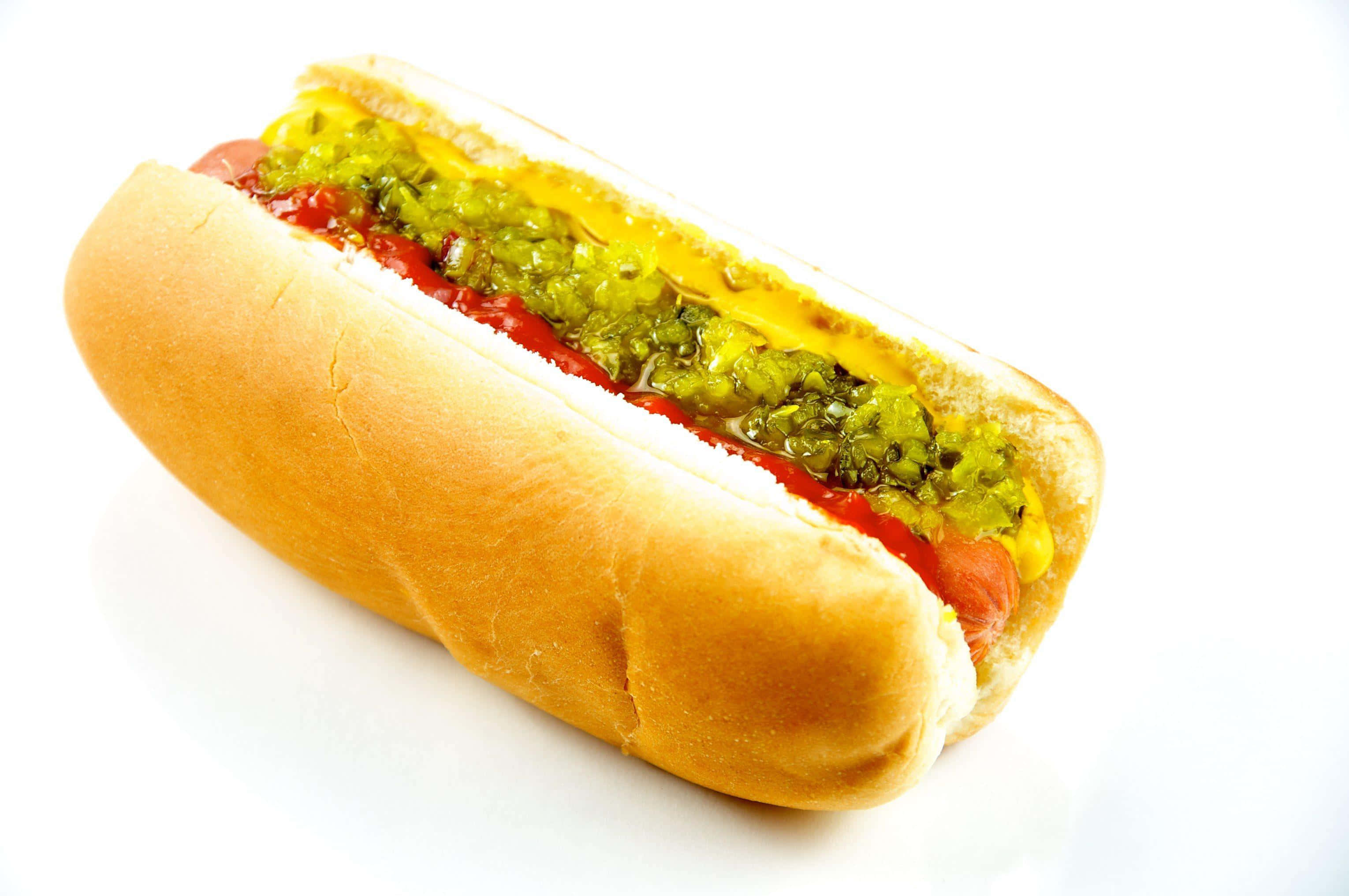マスタードとレリッシュがかかったホットドッグ 壁紙