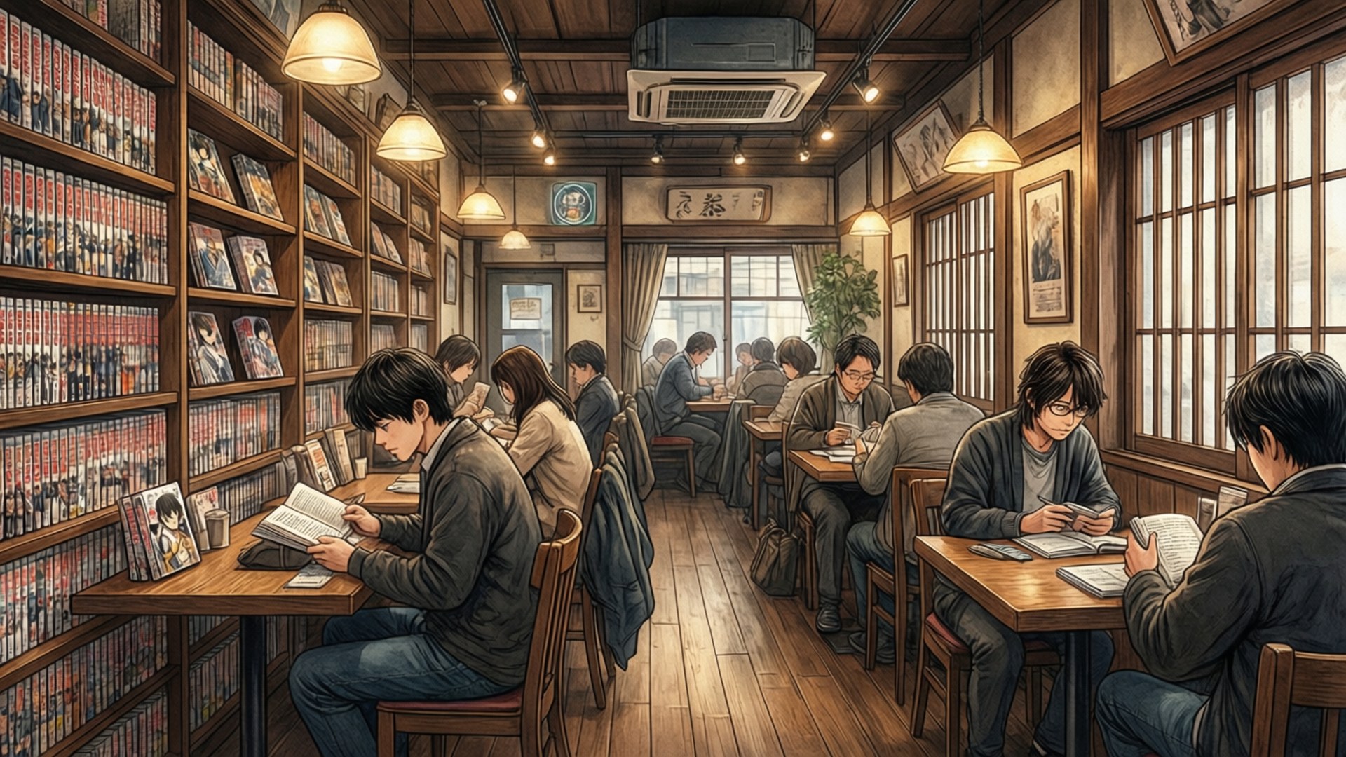 マンガカフェの店内 壁紙