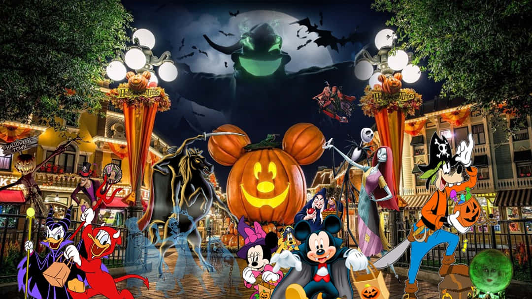 ミッキーマウスと仲間たちがディズニーランドでハロウィンを祝う 壁紙