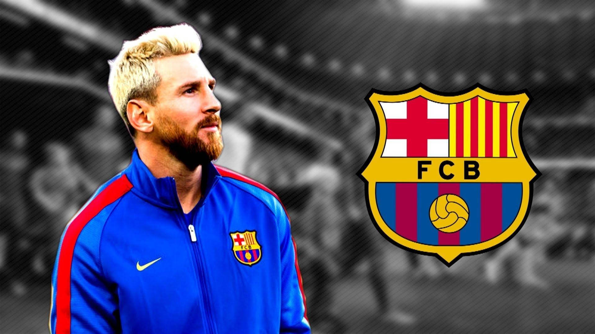 リオネル・メッシ FCBロゴの横 グレースケール画像 壁紙