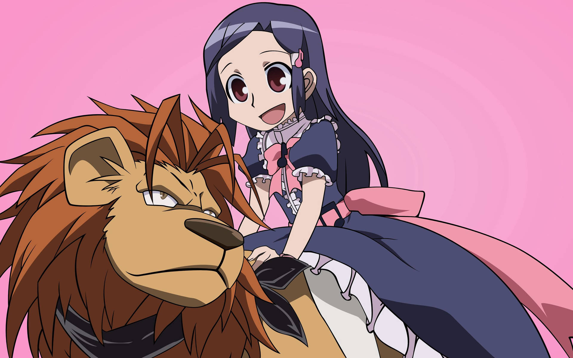 ライオンに乗って夕日に向かうアニメ少女 壁紙