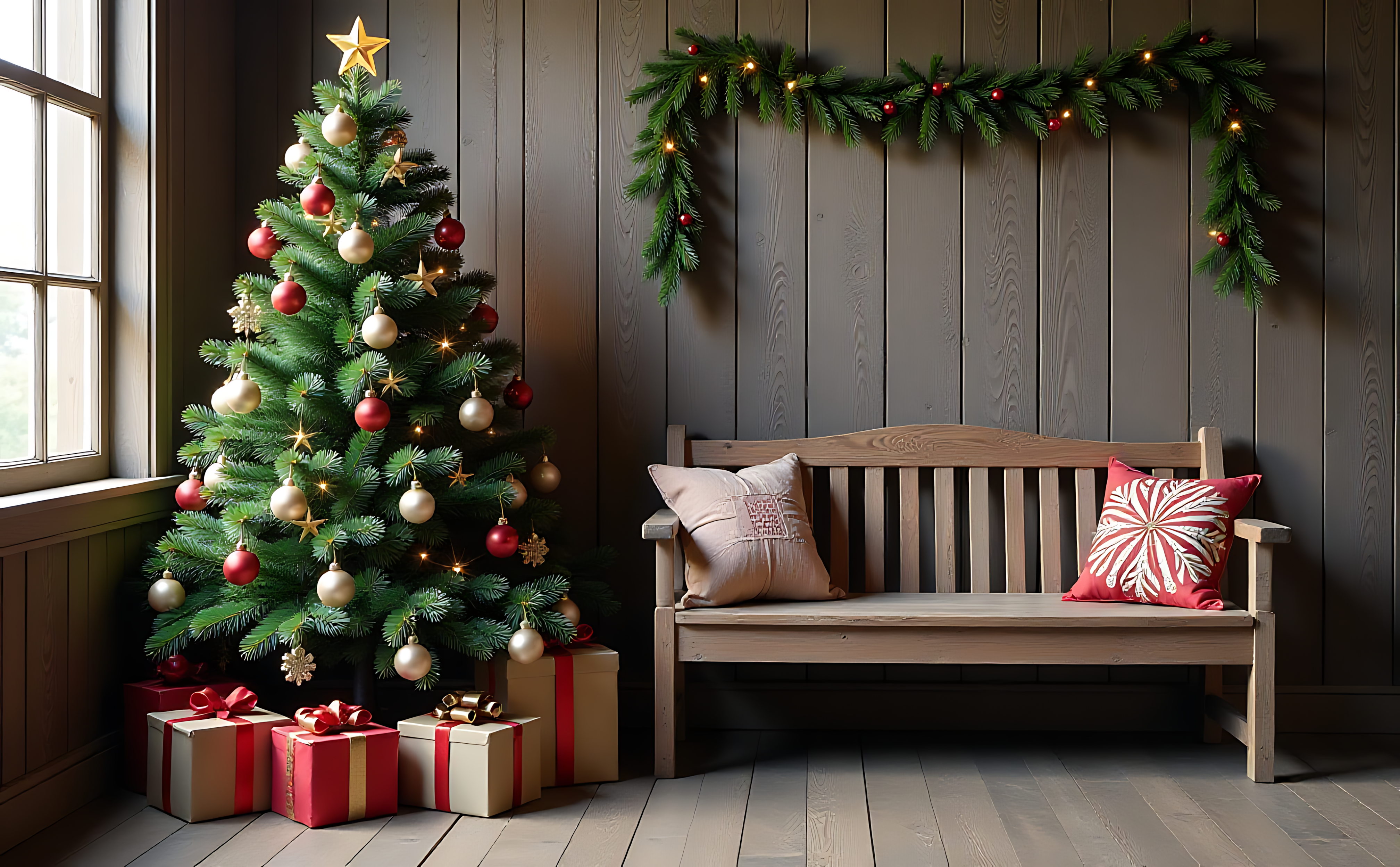 ライトで飾られたクリスマスツリー 壁紙
