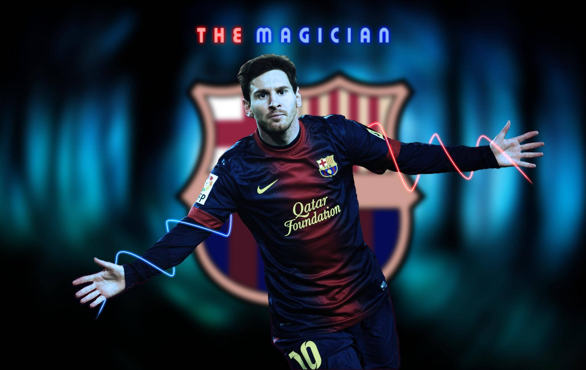リオネル・メッシ The Magician テキストとFCBロゴ 壁紙