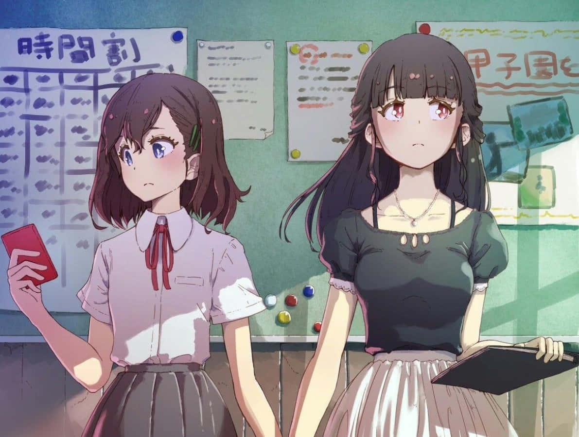 レズビアンアニメの女子高生、教室にて 壁紙