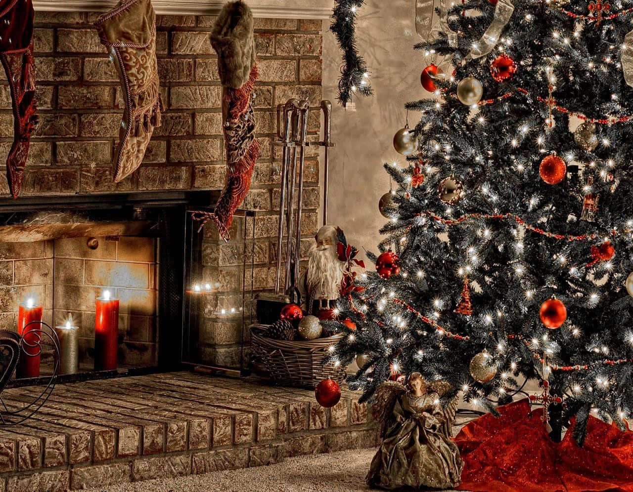 レンガ暖炉のクリスマス背景 壁紙