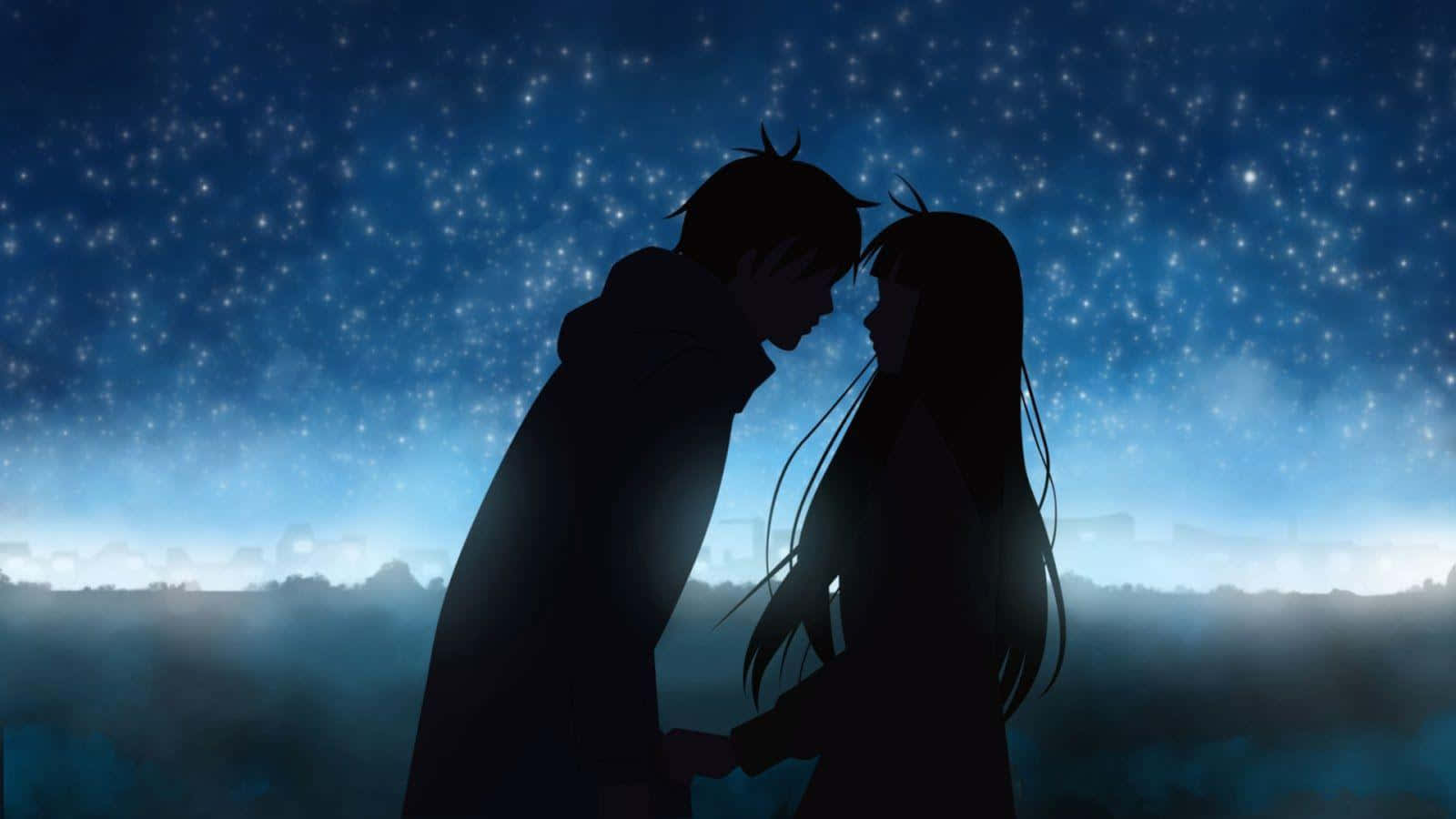 ロマンスアニメカップルシルエット 青い夜空 壁紙