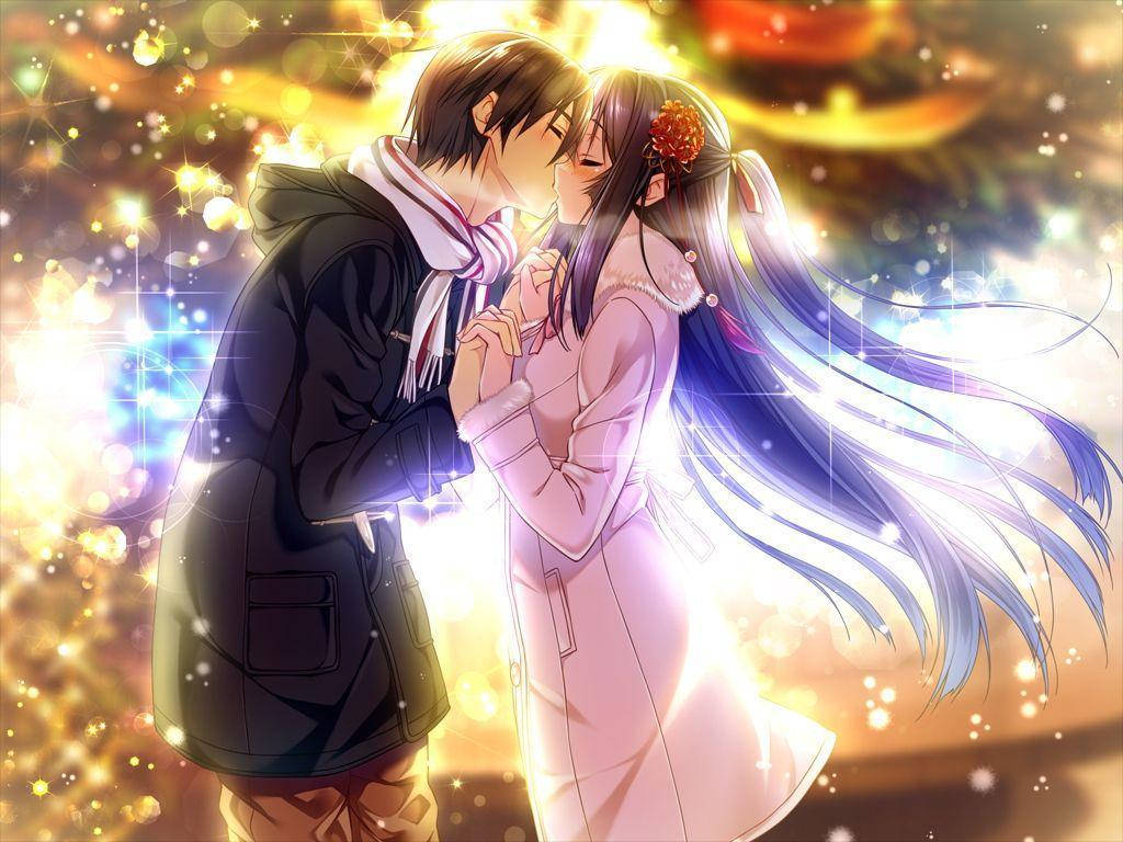 ロマンチックなアニメのキスシーン、手をつないで 壁紙