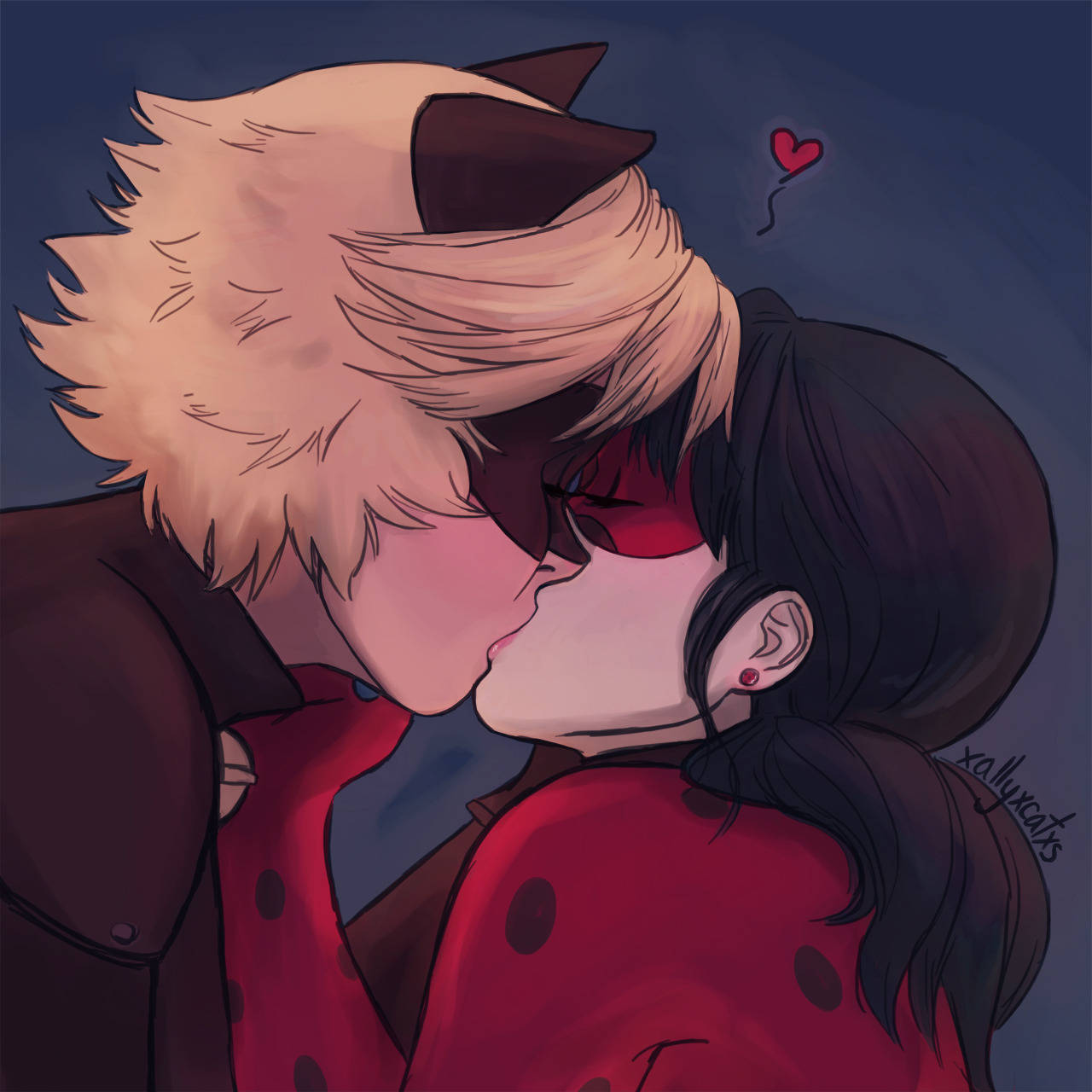 ロマンチックなレディバグとキャットノワールのキス 壁紙