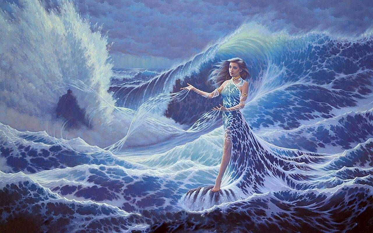 海の波を操る美しい人魚の神秘的な壁紙