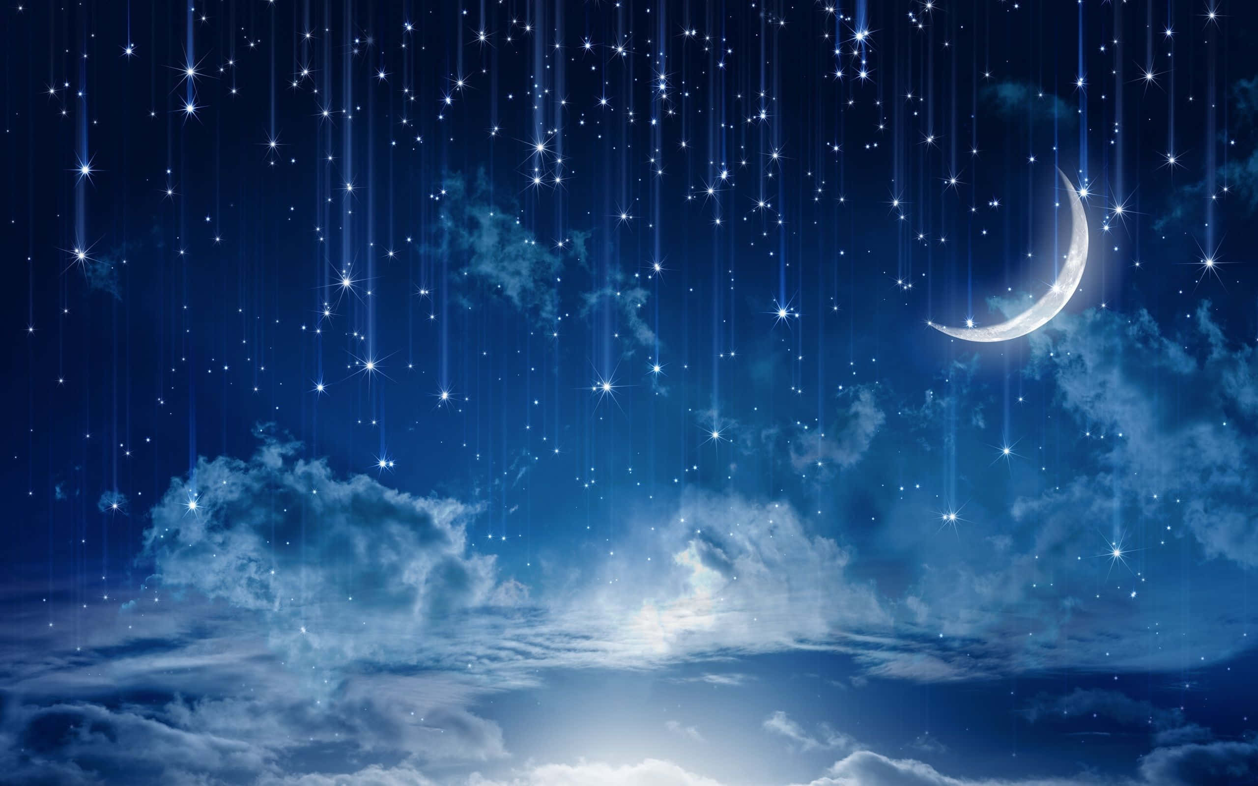 三日月と無数の流れ星が輝く魔法の夜空 壁紙