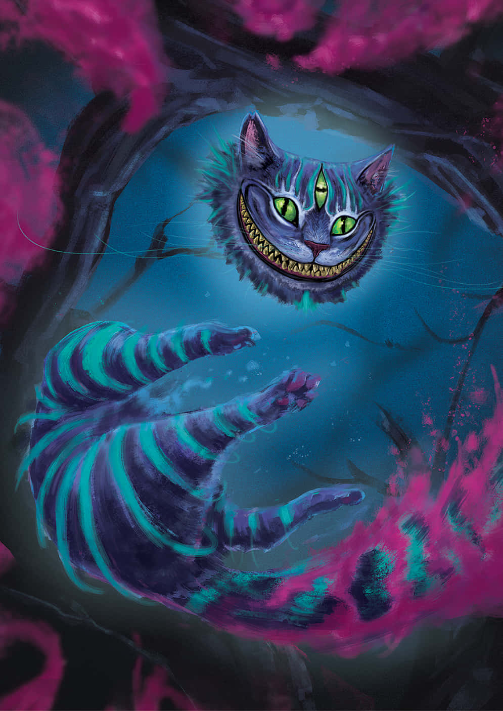 不思議な笑みを浮かべるチェシャ猫、『不思議の国のアリス』シリーズの象徴的なキャラクター。 壁紙