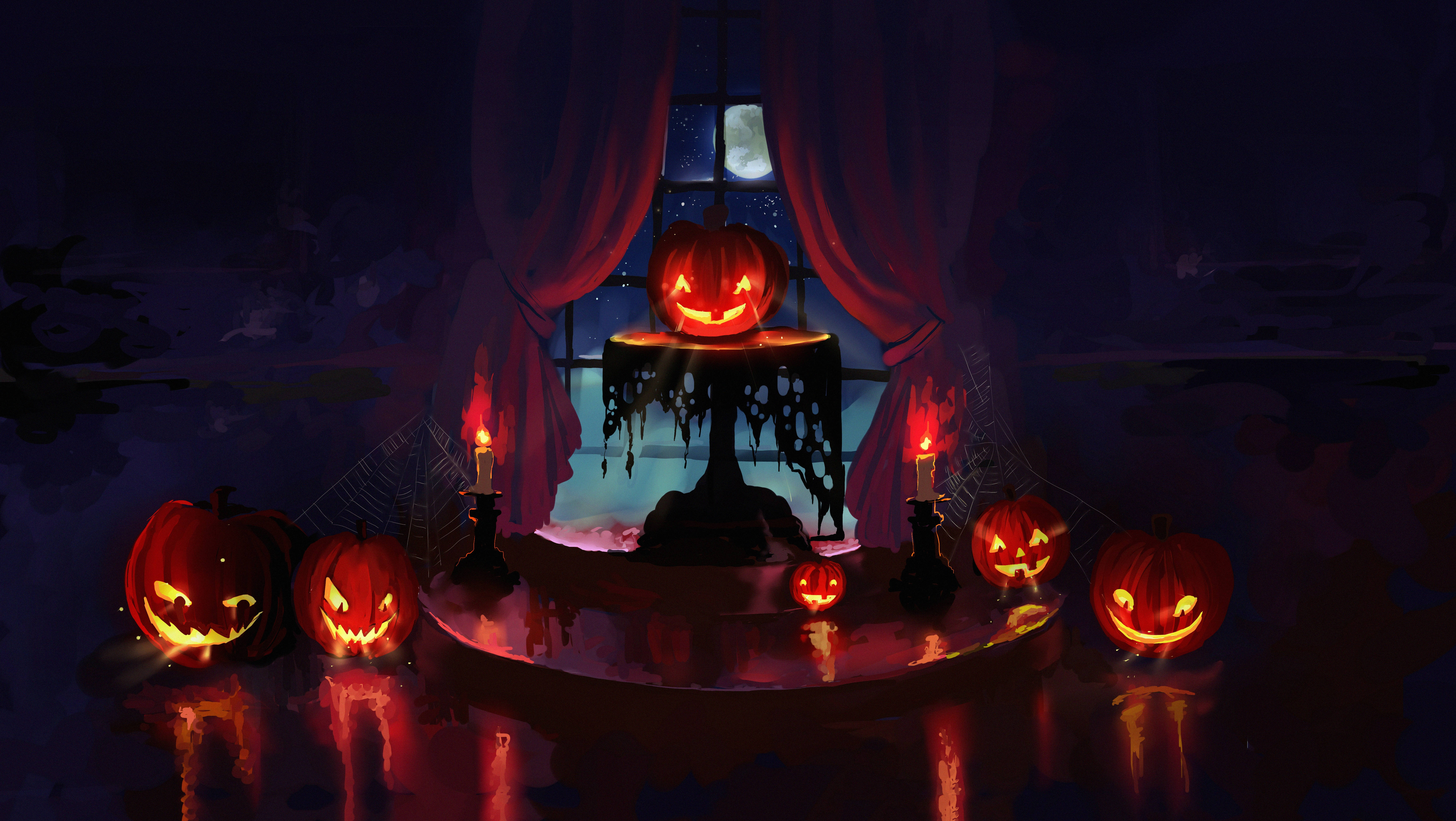 不気味なカボチャとキャンドルが彩るハロウィンシーン 壁紙