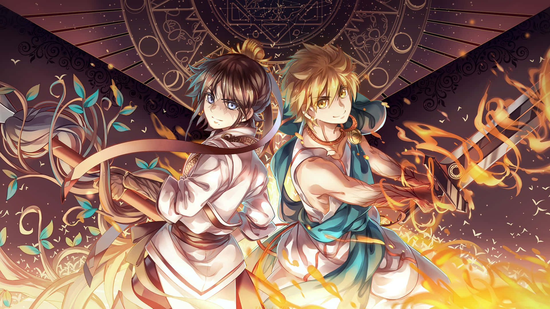 二人のアニメキャラクターが火の前に立っている 壁紙