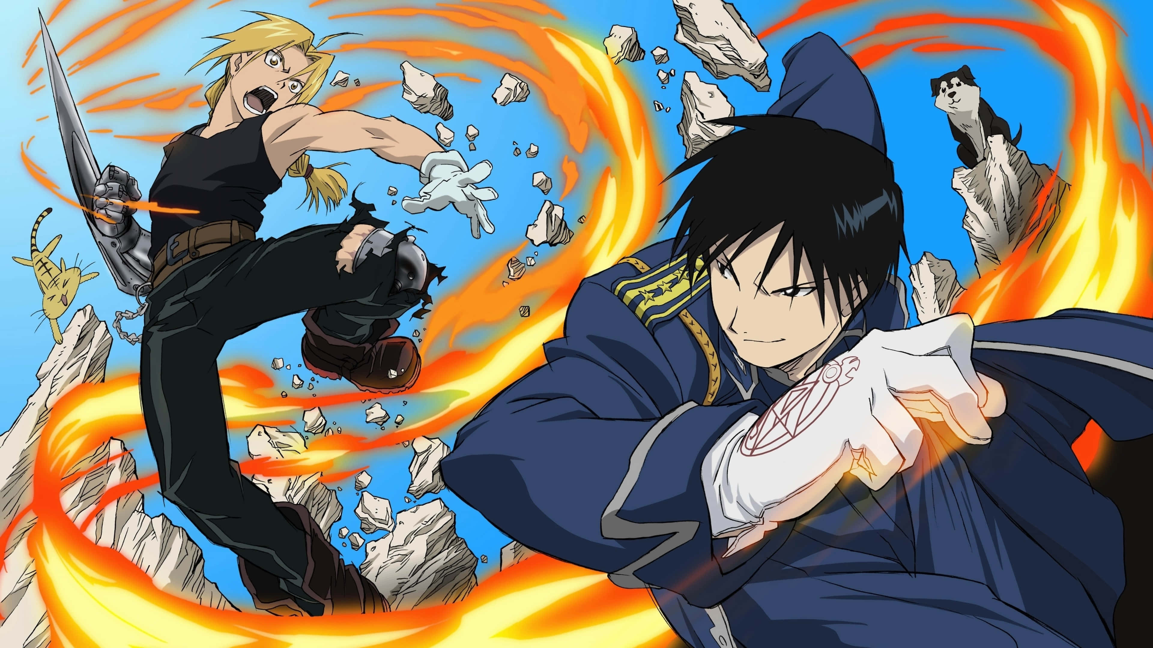 二人のアニメキャラクターが火を操って戦闘 壁紙