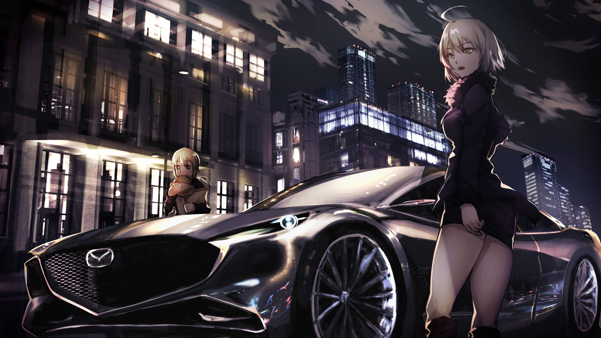 二人の少女とマツダ車のアニメ 壁紙