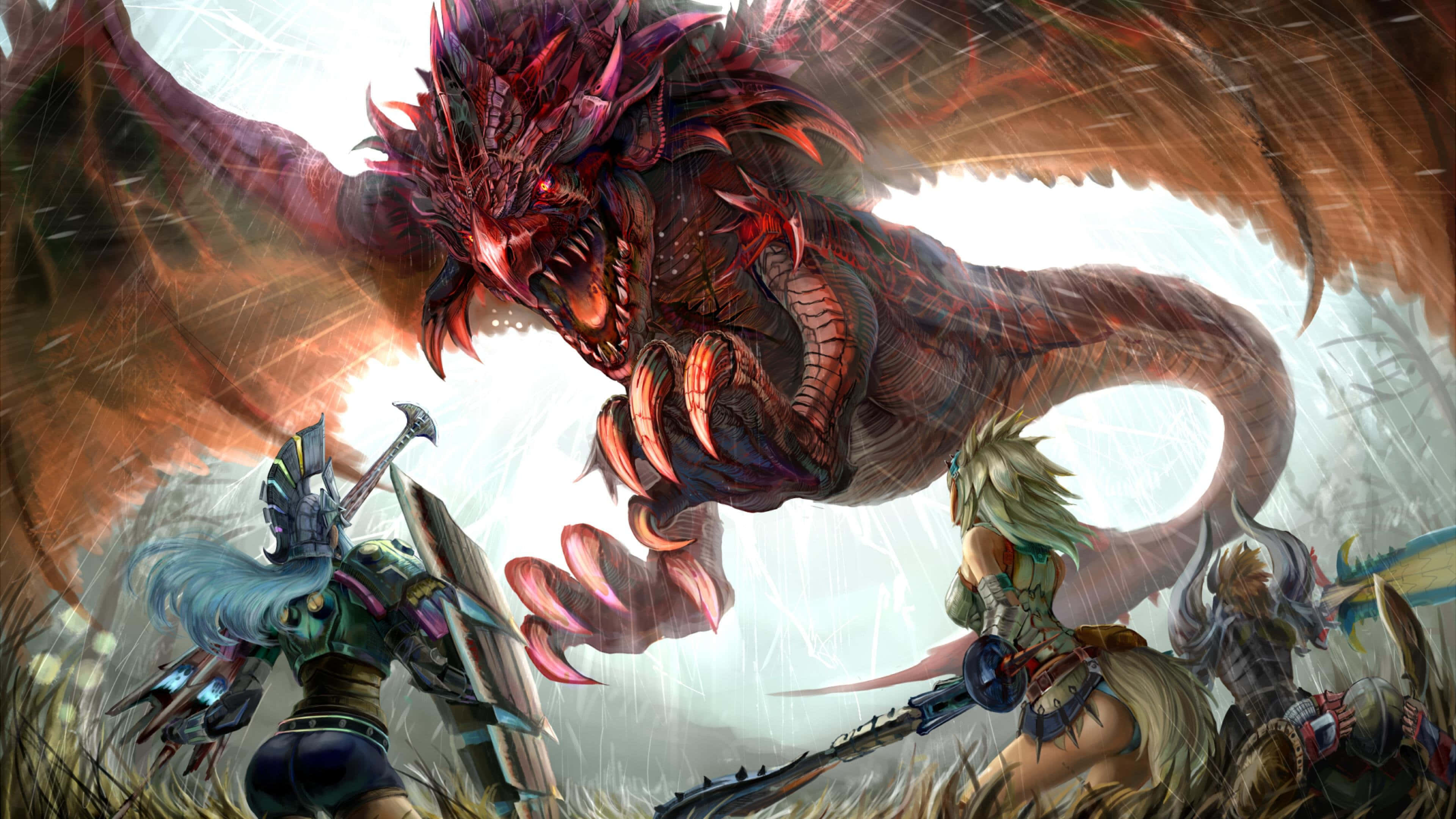 人々が集まってドラゴンと戦っている 壁紙
