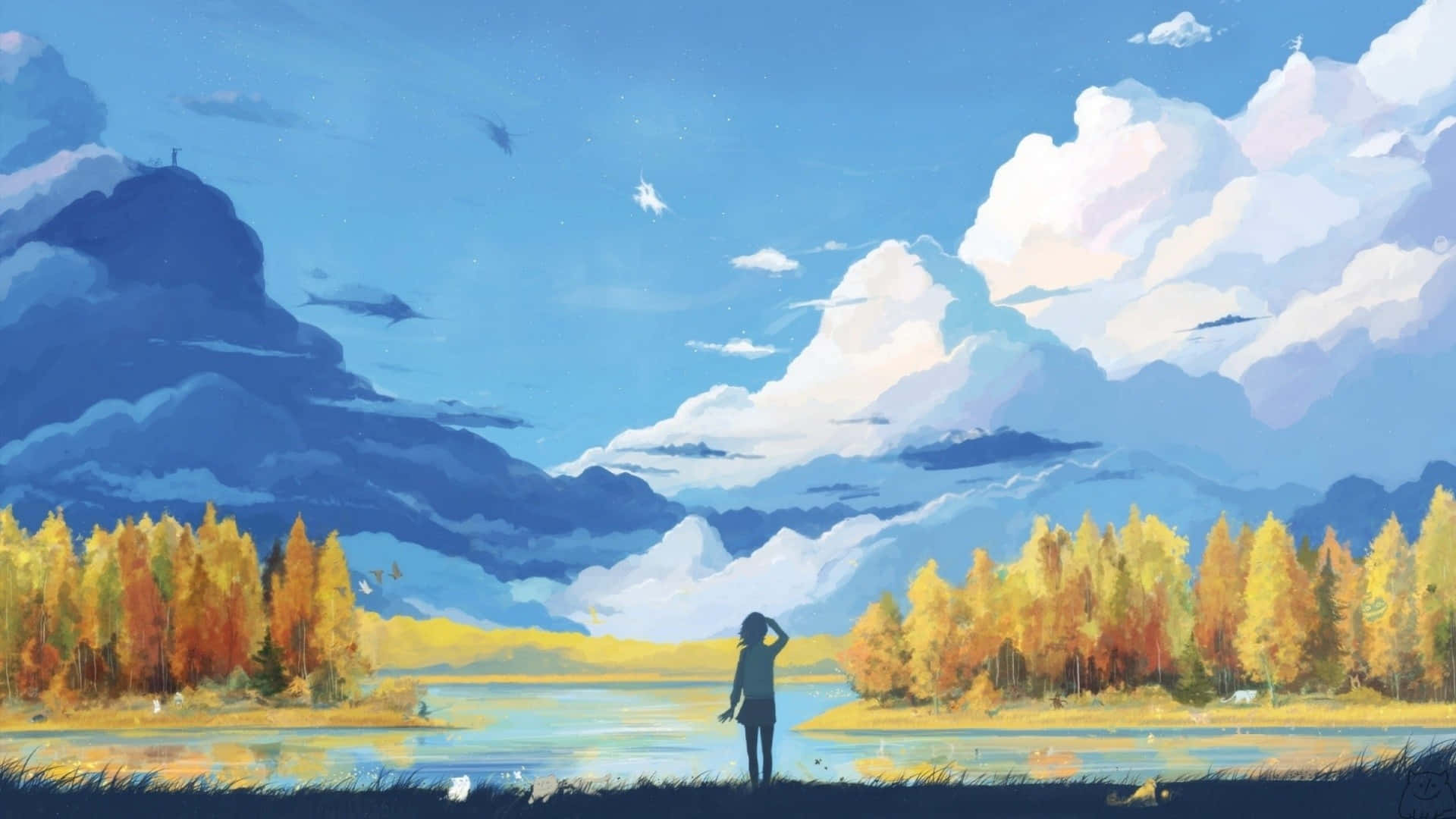 人物が立つ野原と木々、雲の絵画 壁紙