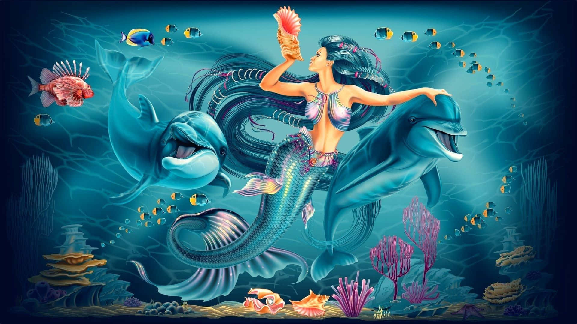 人魚と青いイルカの絵 壁紙