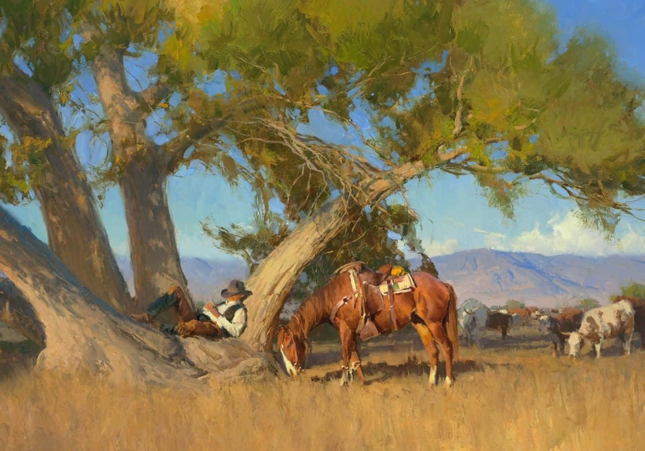休息する西部のカウボーイの絵画デスクトップ 壁紙
