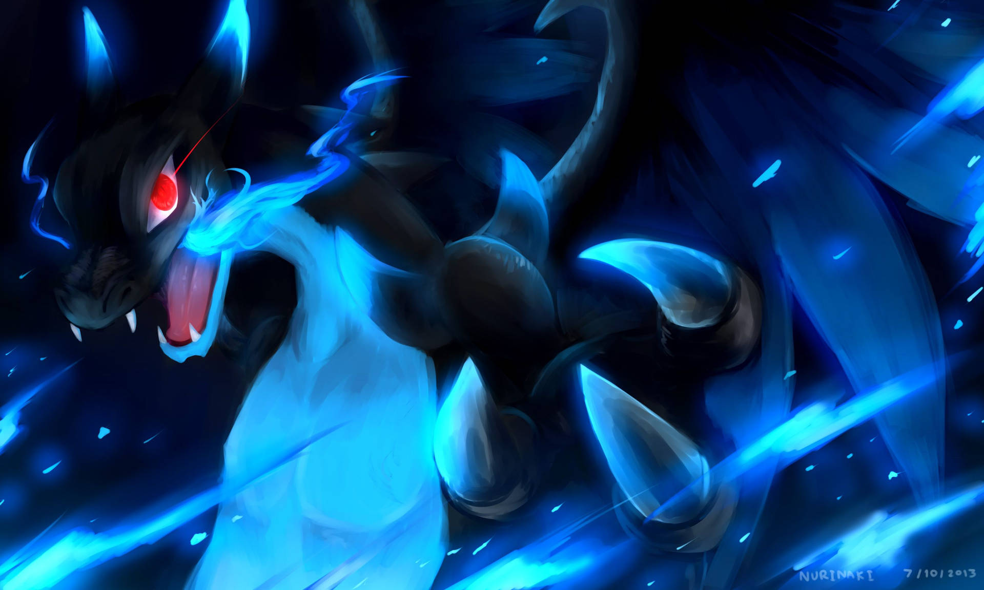 青いメガリザードンのポケモン進化、赤い目と青い炎で戦闘態勢。