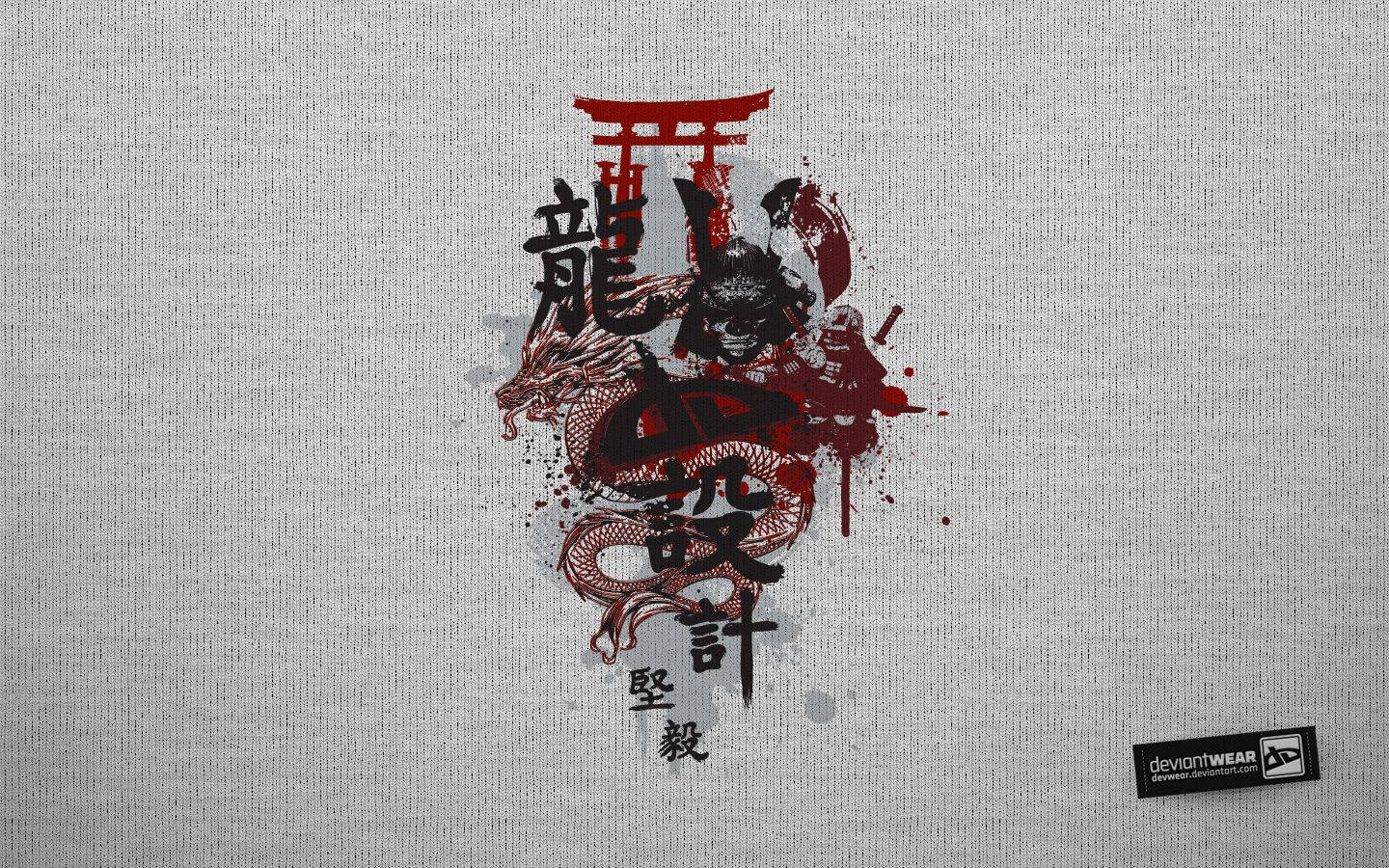 侍と龍と鳥居の日本画 壁紙