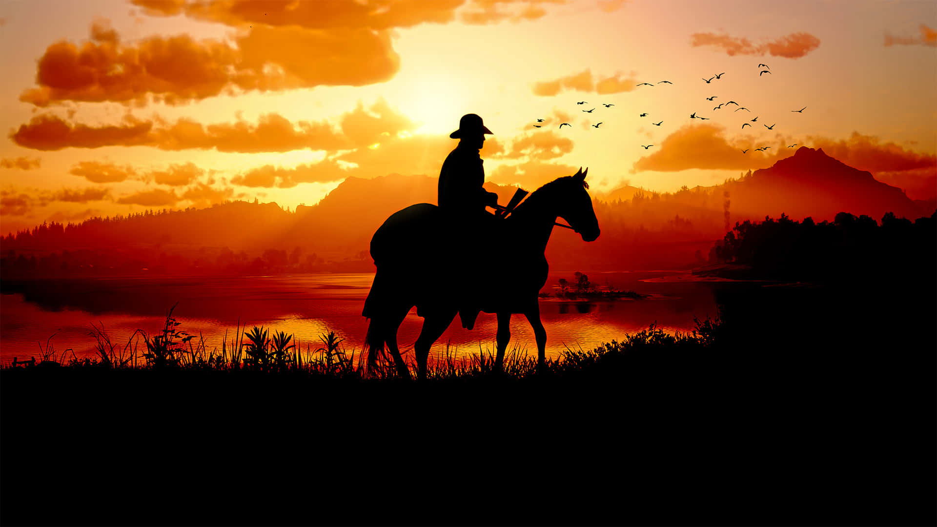 保安官が馬に乗る夕日 1920x1080 レッド・デッド・リデンプション2 背景 壁紙