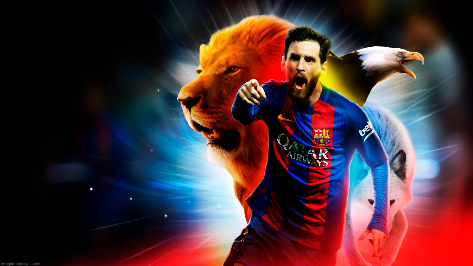 サッカー王リオネル・メッシと動物のデジタルアート壁紙