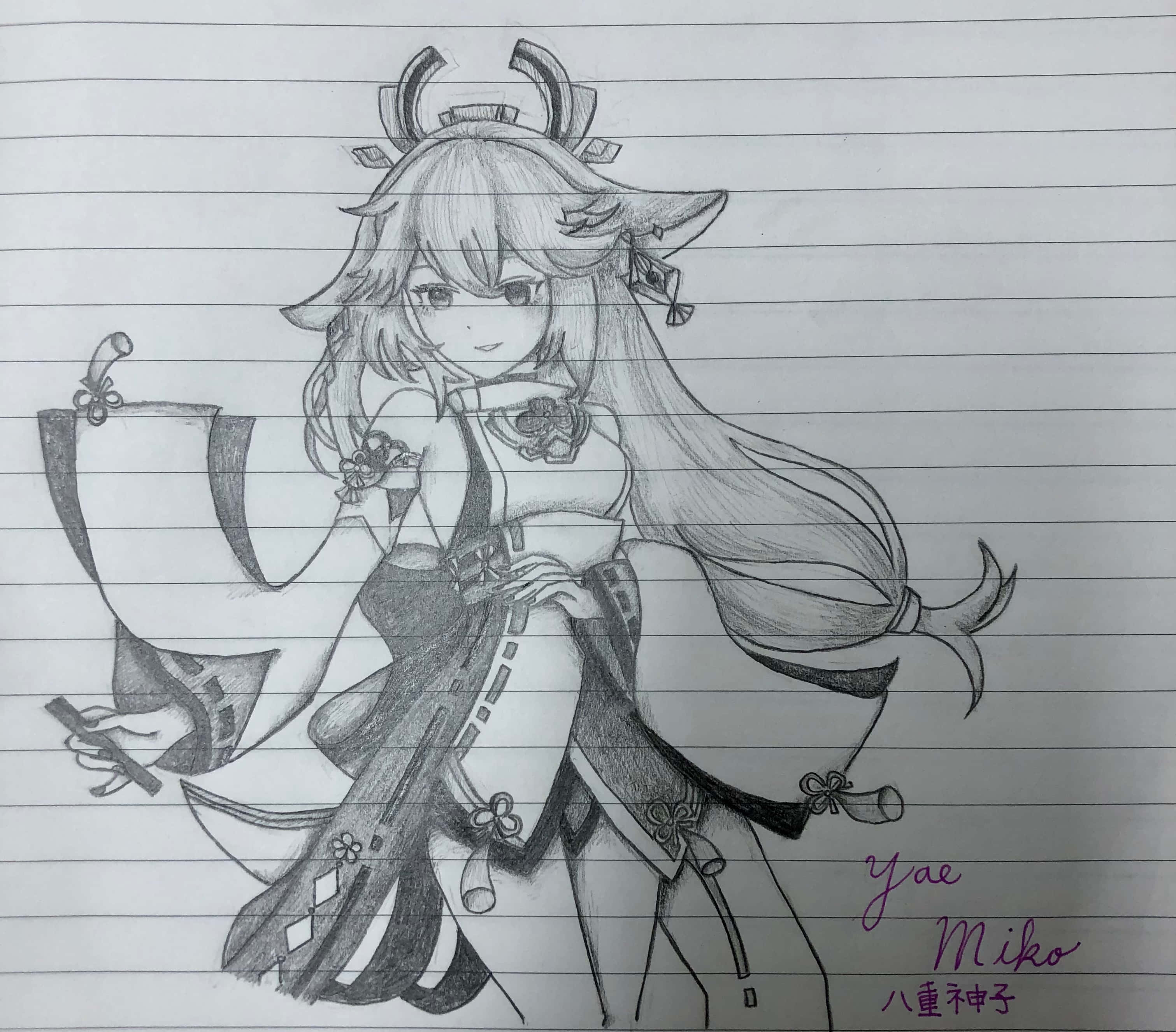 八重神子の鉛筆画プロフィール画像 壁紙