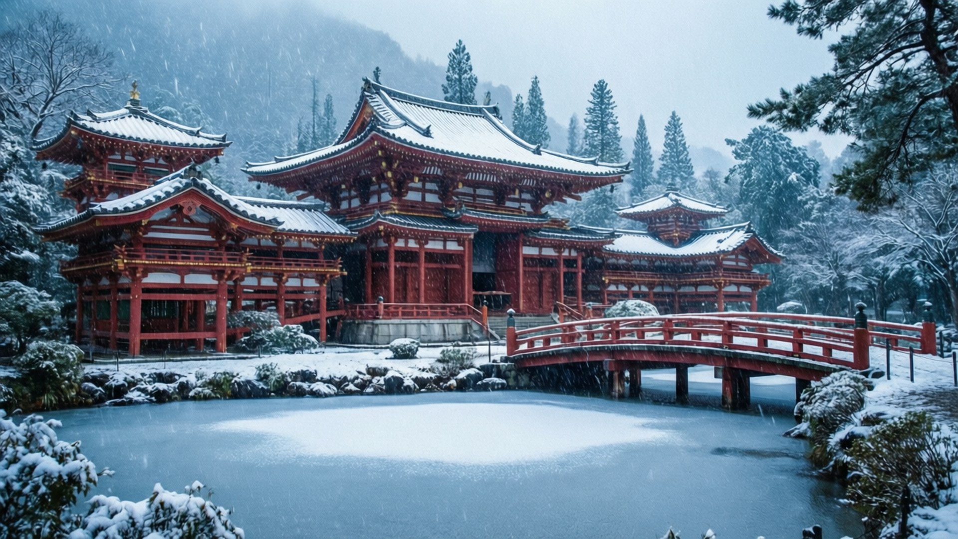 冬の寺院の静けさ 壁紙