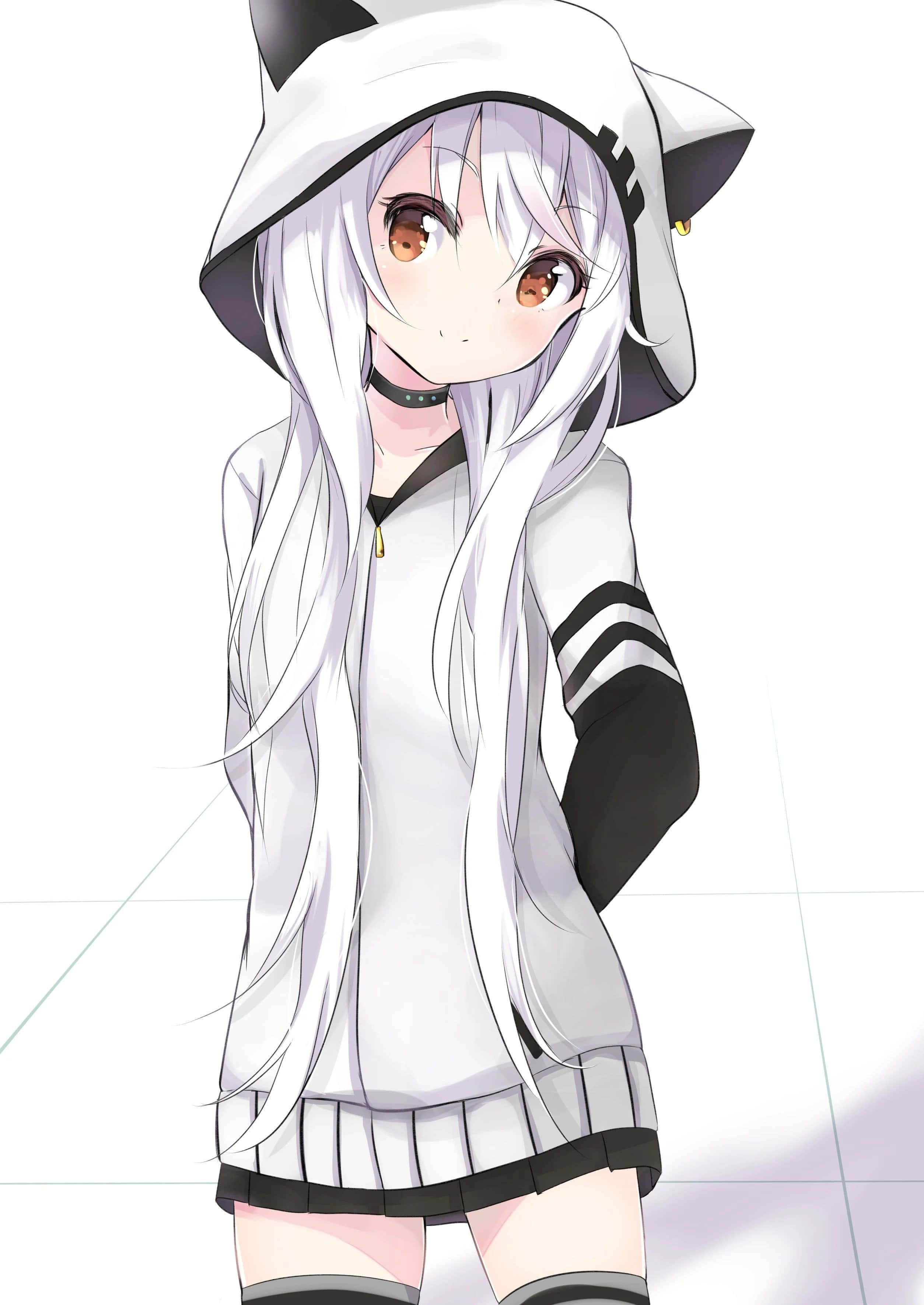 冬の日差しを浴びるフード付きジャケットの可愛いアニメ少女 壁紙