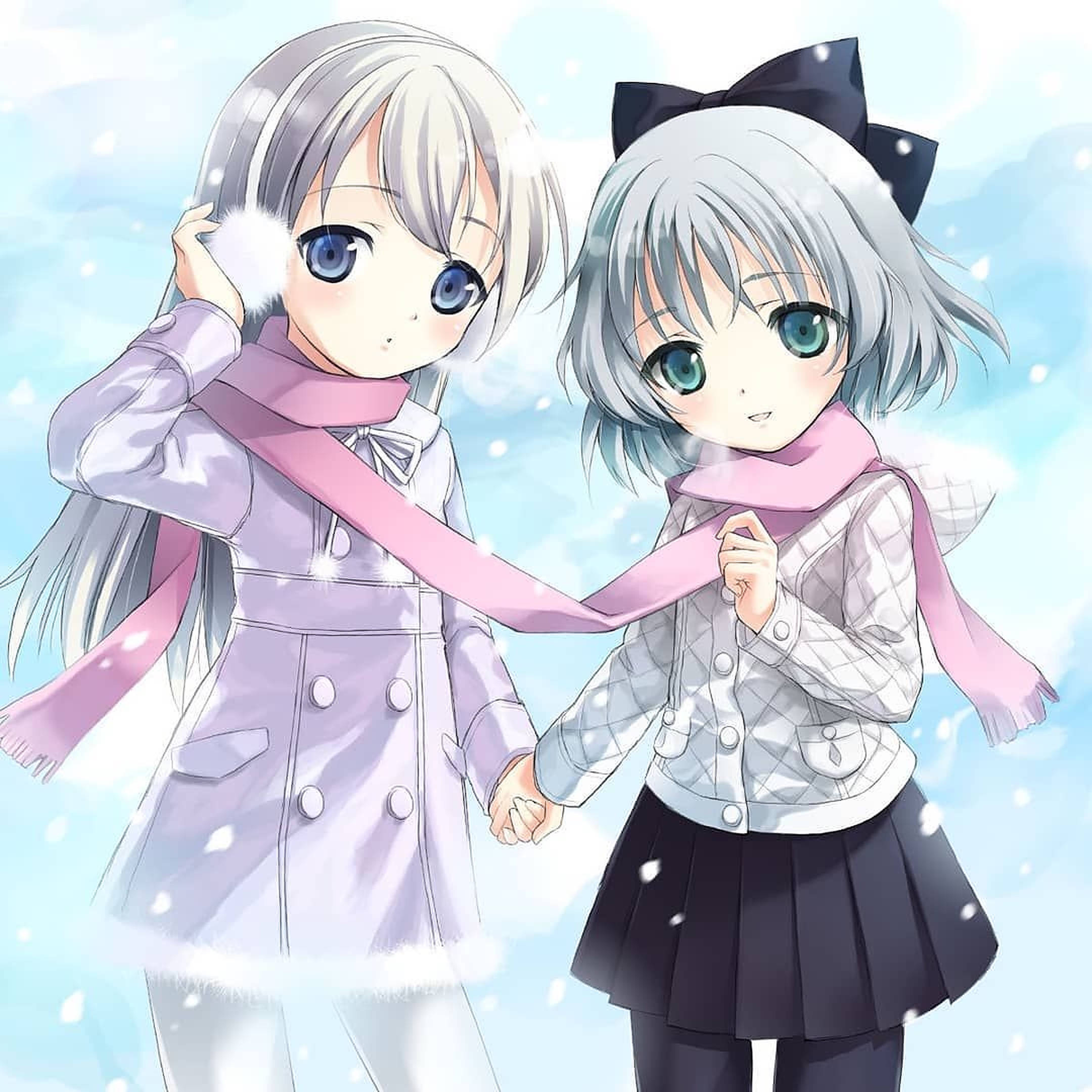 冬を楽しむ喜びに満ちたアニメの子供たち 壁紙