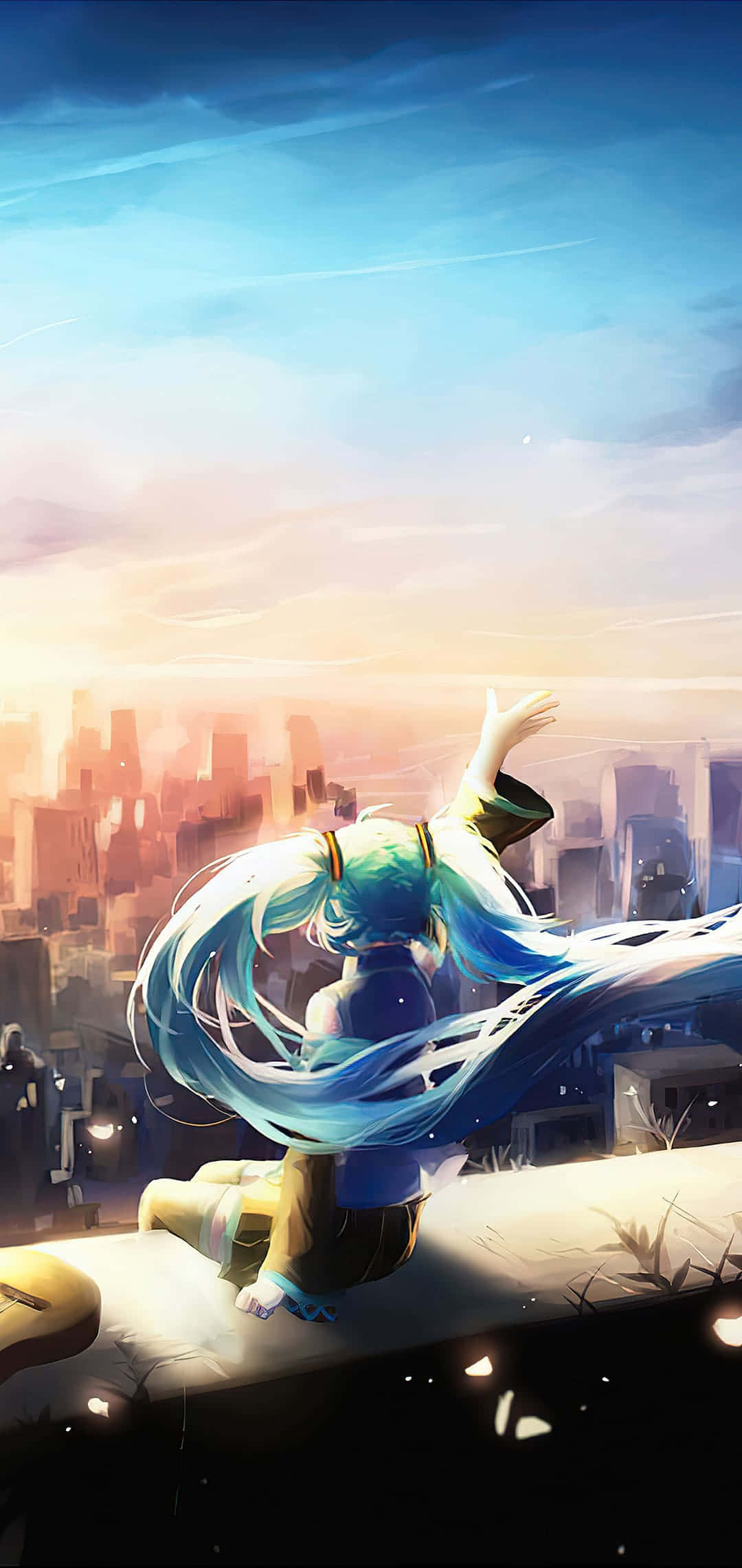 初音ミク 屋上からの街並み 電話 壁紙