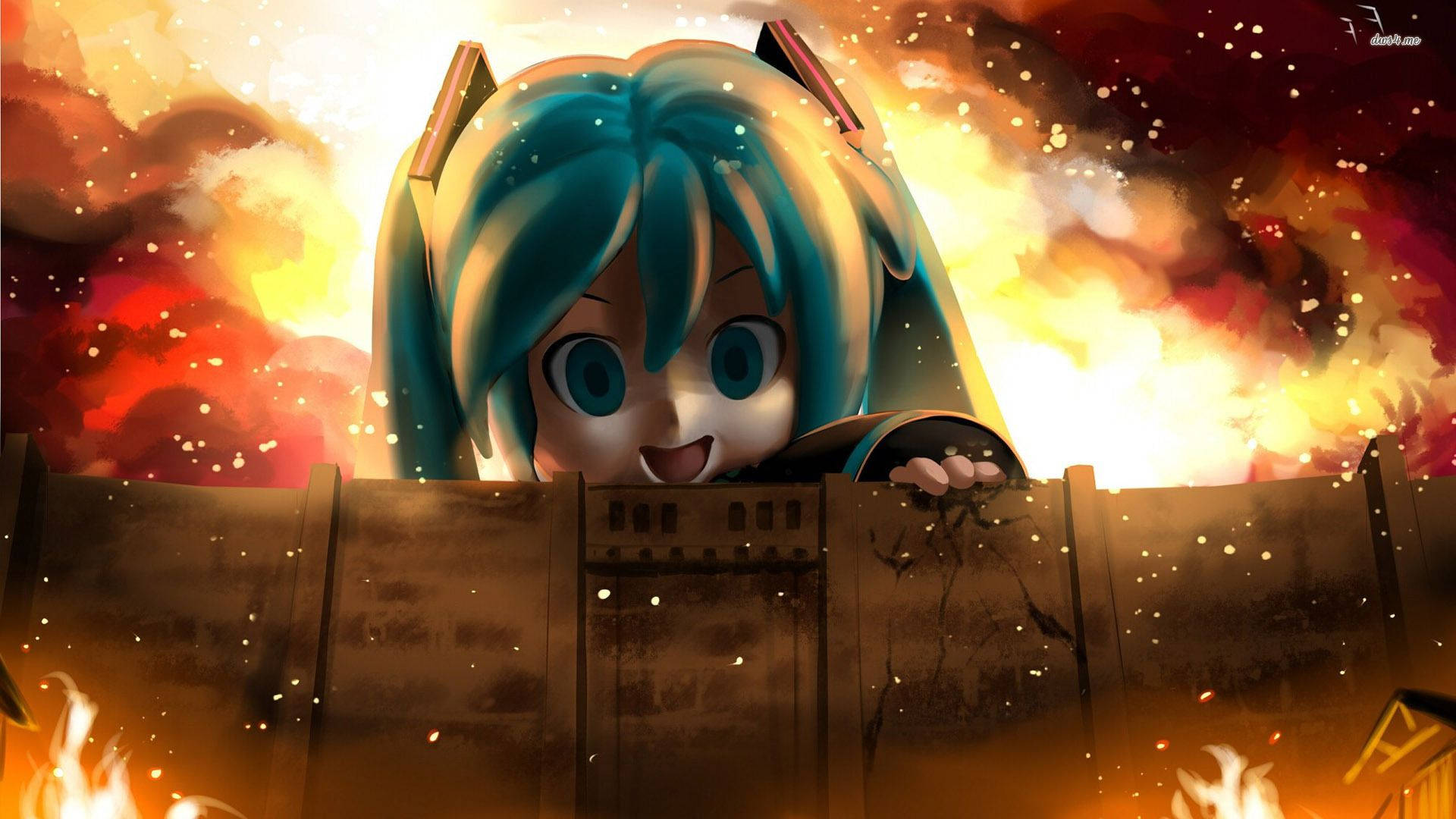 『進撃の巨人』クロスオーバーファンアート壁紙。壁の上から超大型巨人を覗き見る初音ミク。