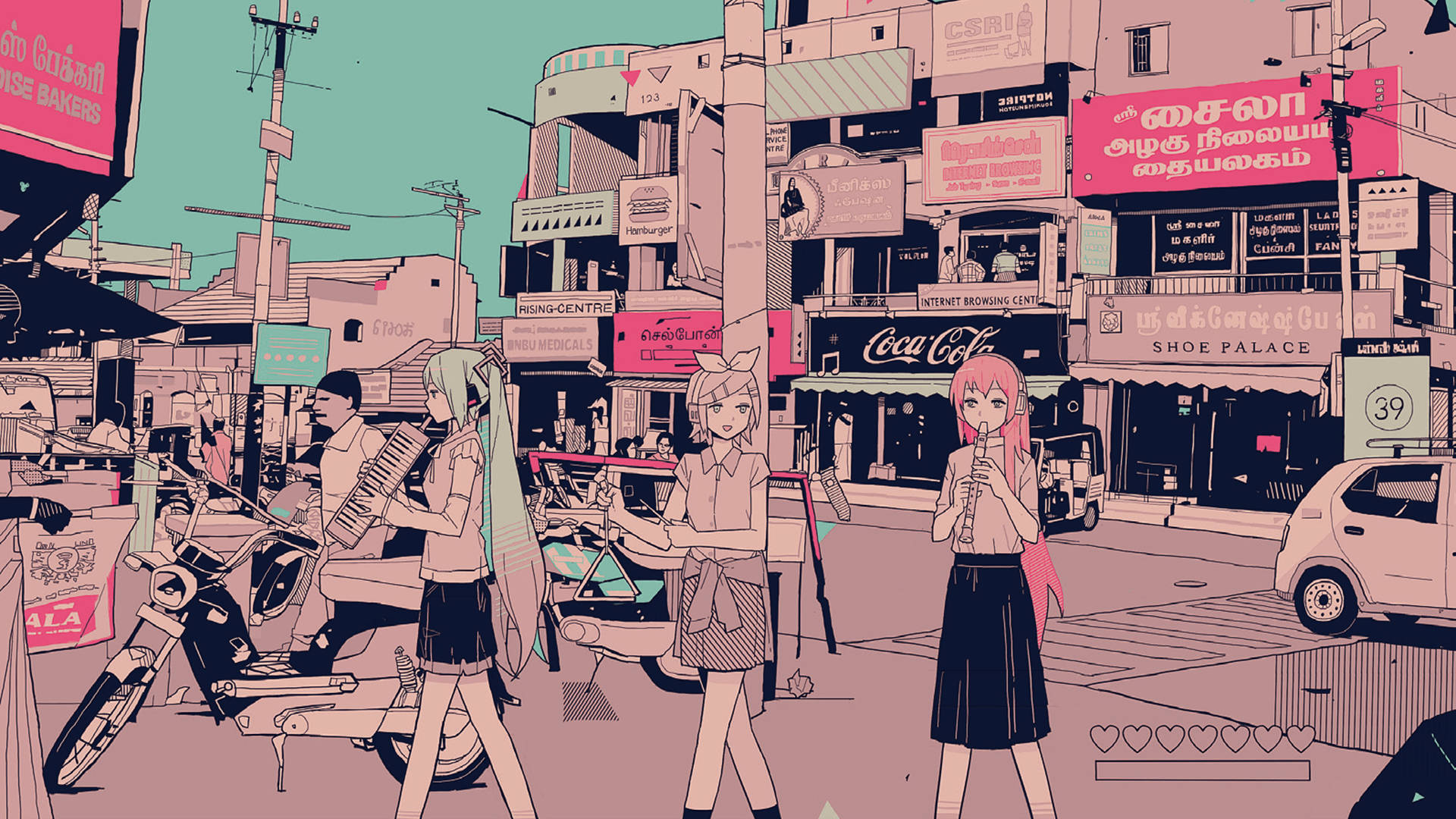 初音ミクとボーカロイドのレトロかわいいアニメ風街並み 壁紙