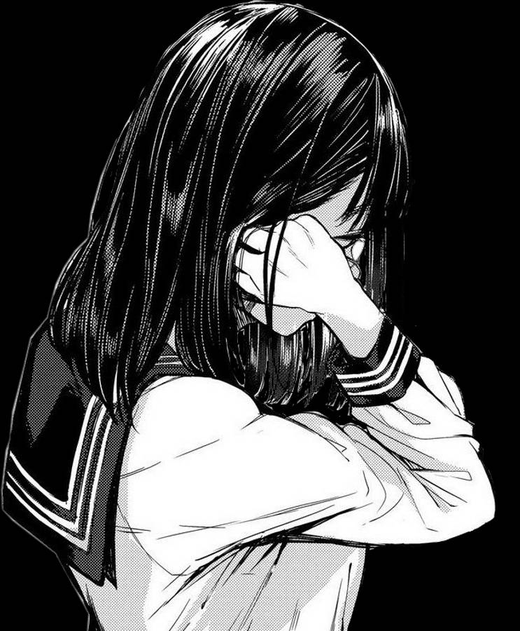 制服を着た悲しげなアニメ少女の白黒イラスト 壁紙