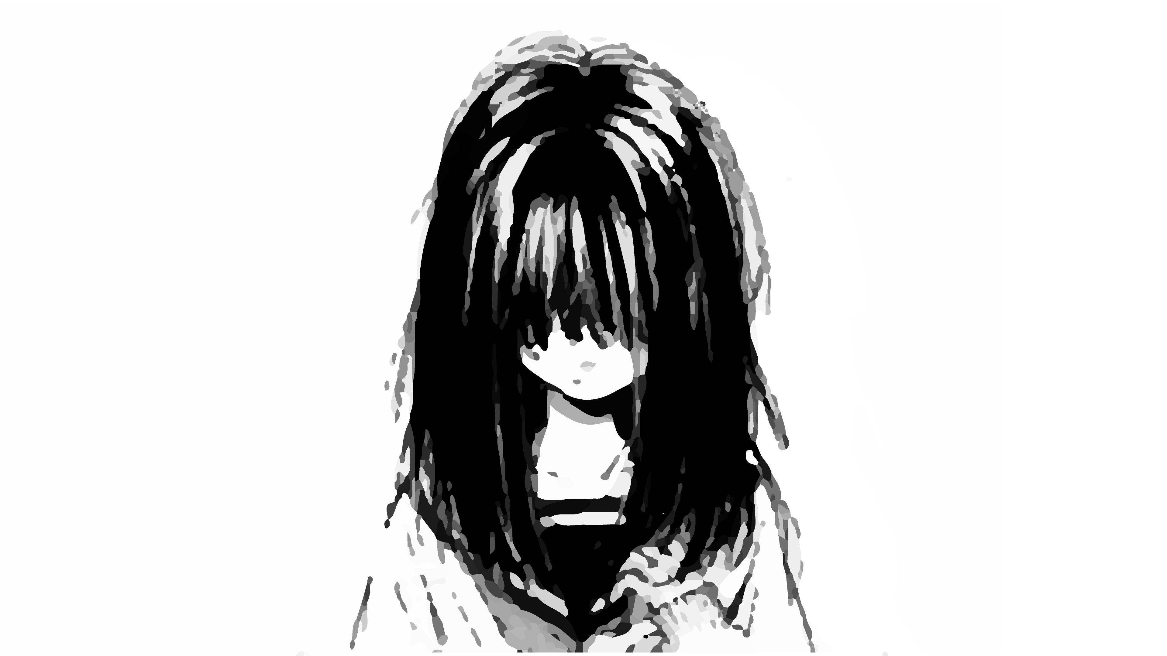 制服を着た悲しげなアニメ少女の白黒イラスト 壁紙