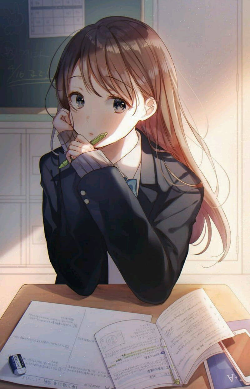 勉強中のアニメ少女のスマホ壁紙 壁紙