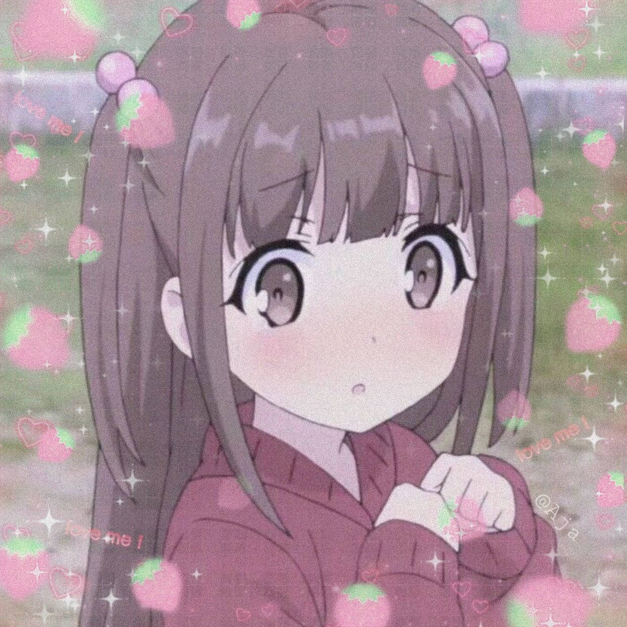 可愛いアニメガールのPFP 女の子 苺とハート 壁紙