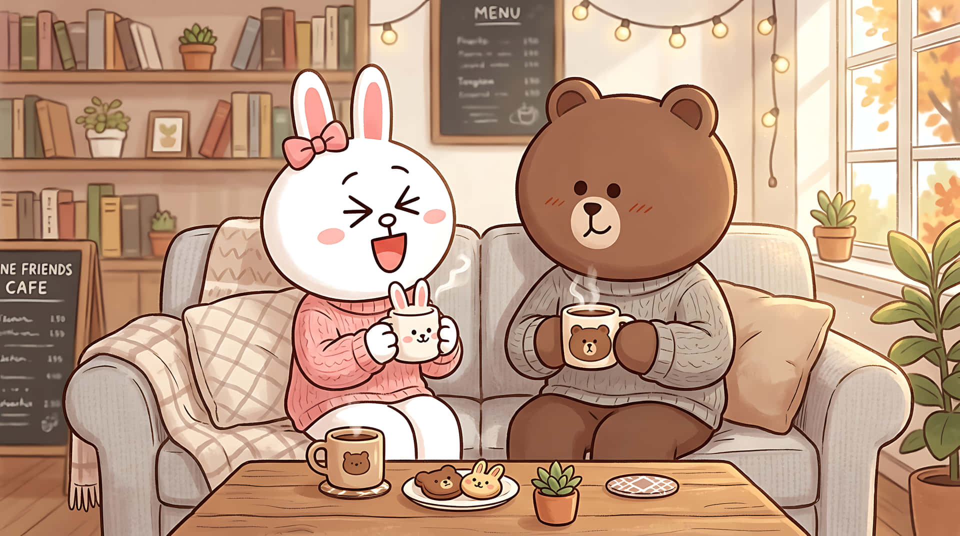 ウサギ、クマ、カフェ、コーヒー、友情、可愛い、かわいい、イラスト、漫画、居心地の良い、ヒュッゲ、セーター、秋、冬、インテリア、ライフスタイル、友達、愛、カップル