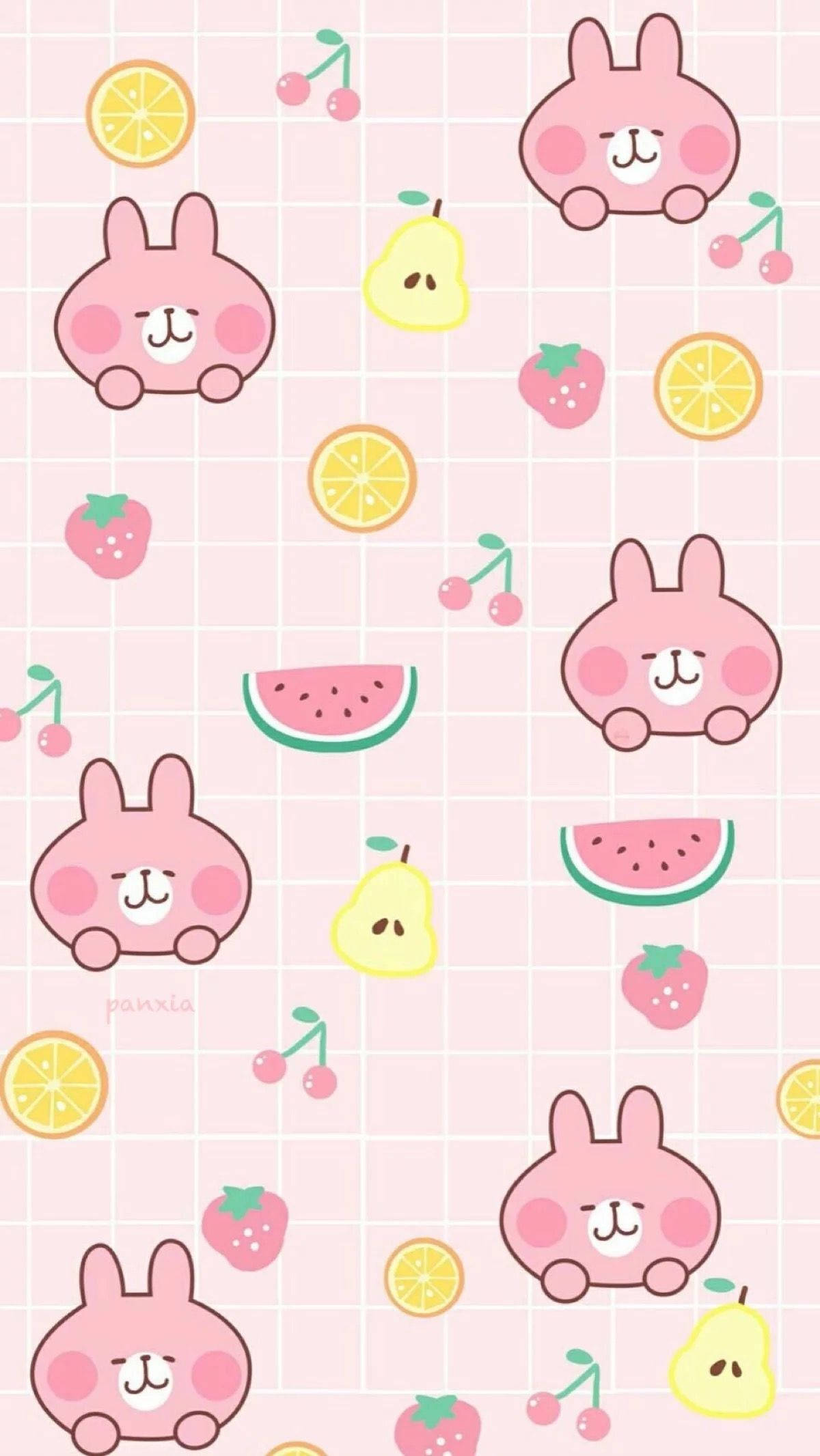 可愛いピンクのうさぎとフルーツのコラージュ 壁紙