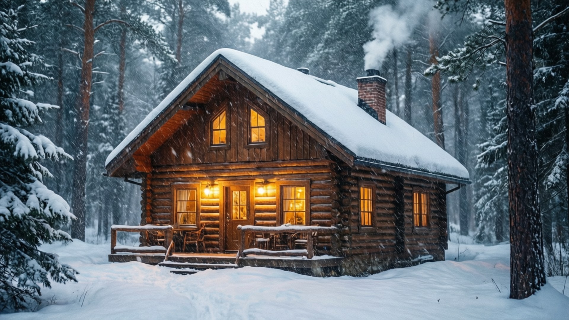 吹雪に包まれた暖かな小屋 壁紙