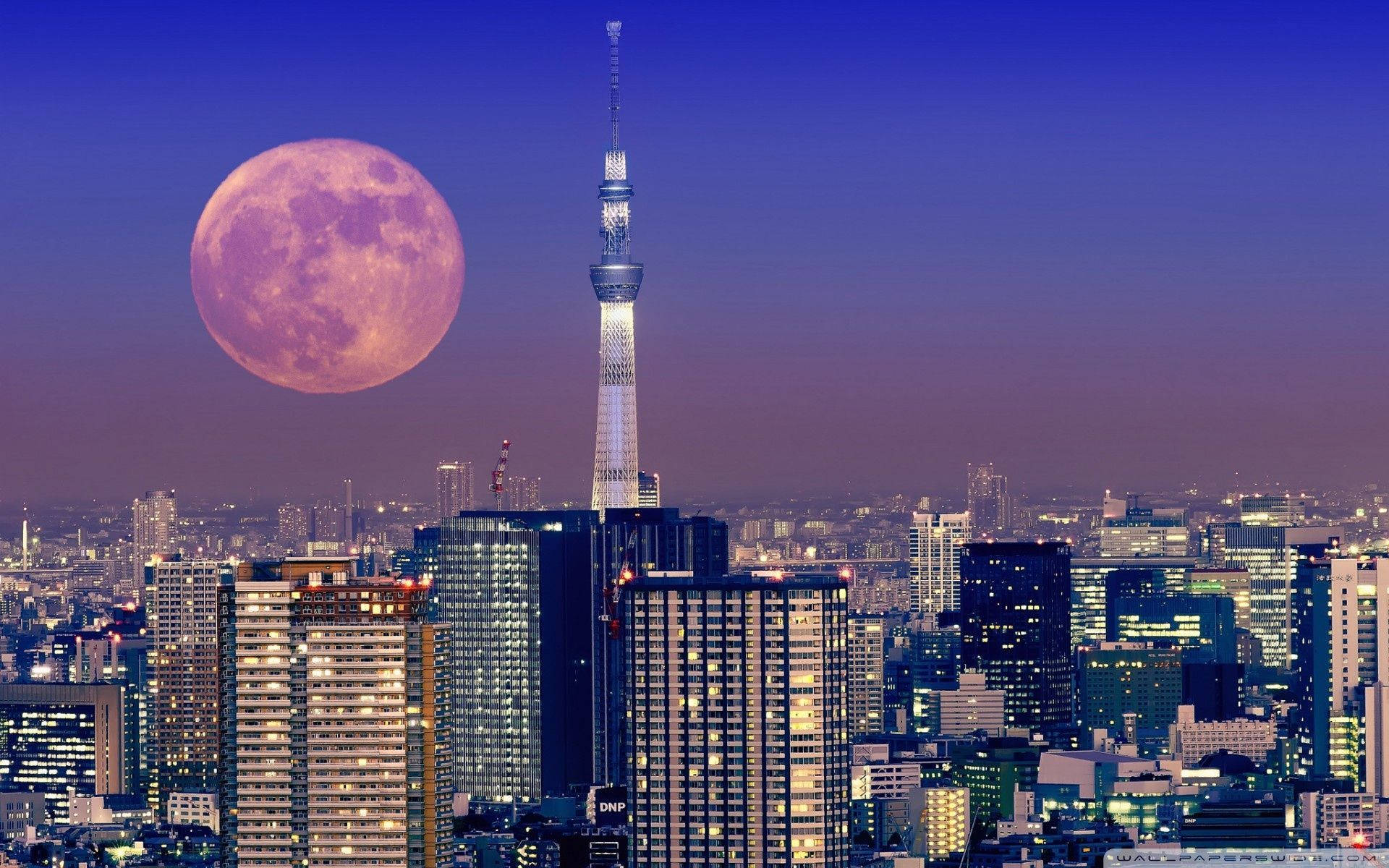 和風テイスト 東京タワーと月 パソコン用 壁紙