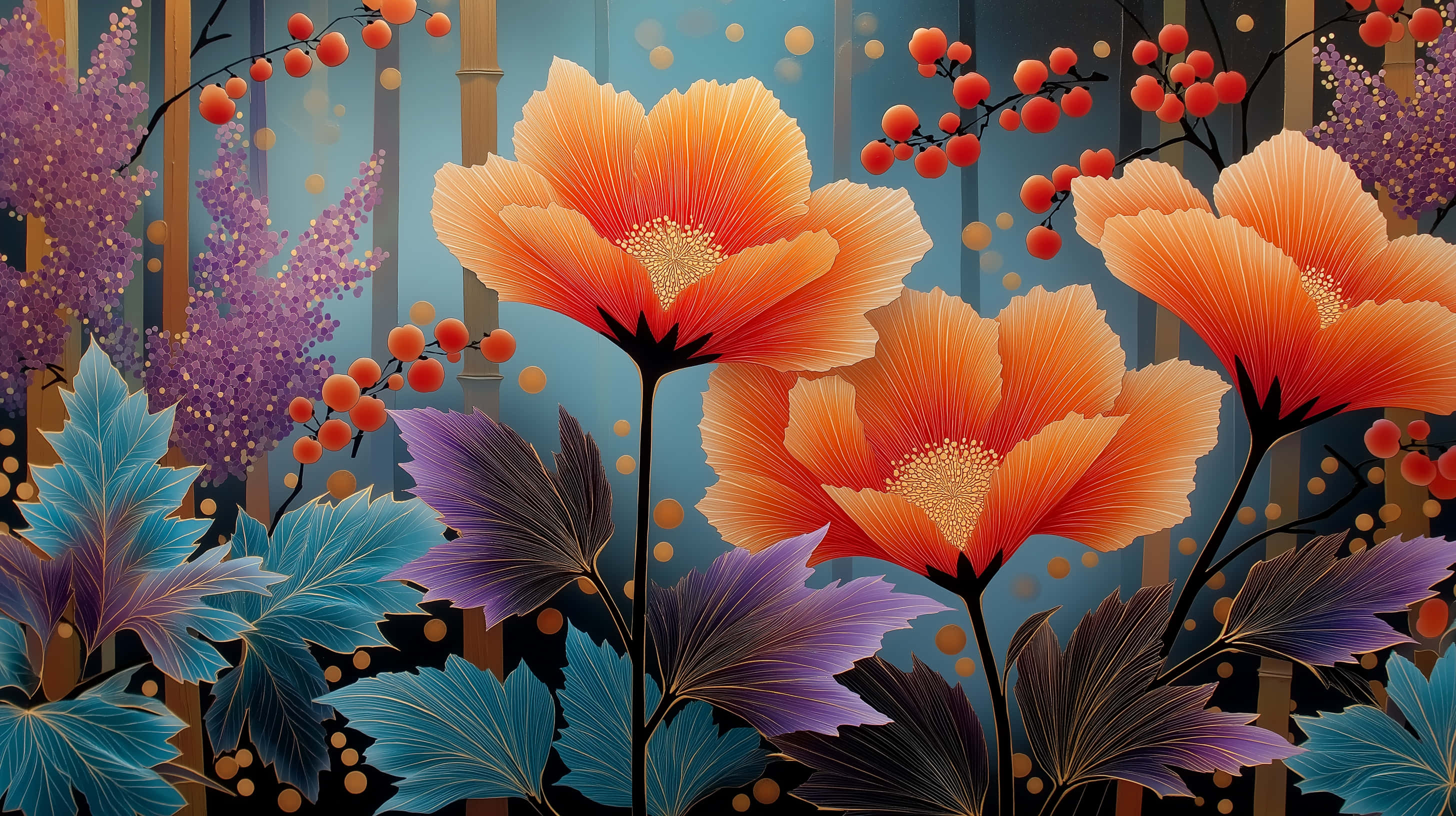 和風抽象画 鮮やかなオレンジの花 壁紙