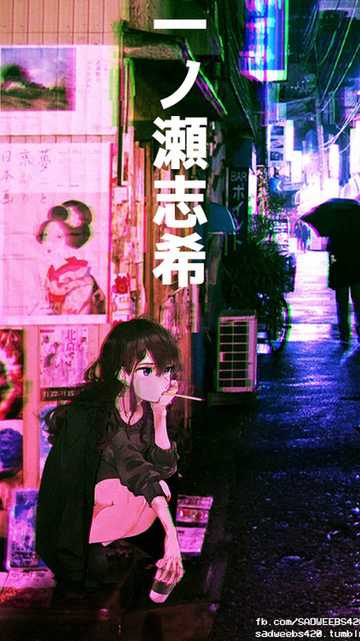 哀しげなアニメ少女が佇む日本の街並み 壁紙