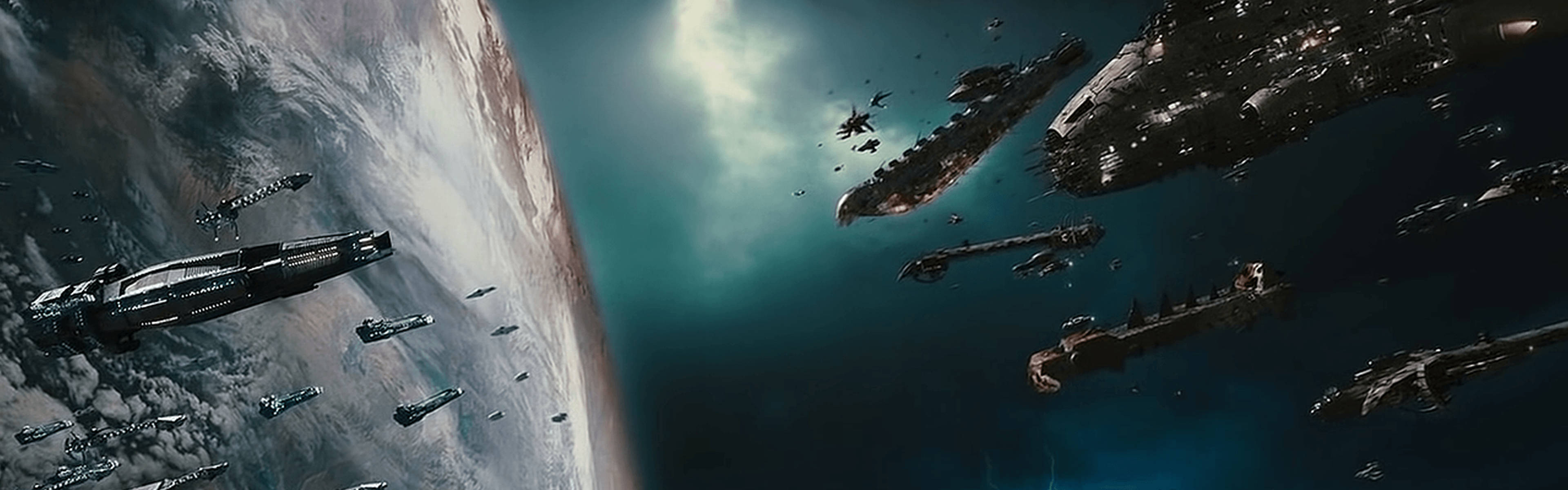 壮大なビジュアルの宇宙バトルをデュアルモニターで 壁紙
