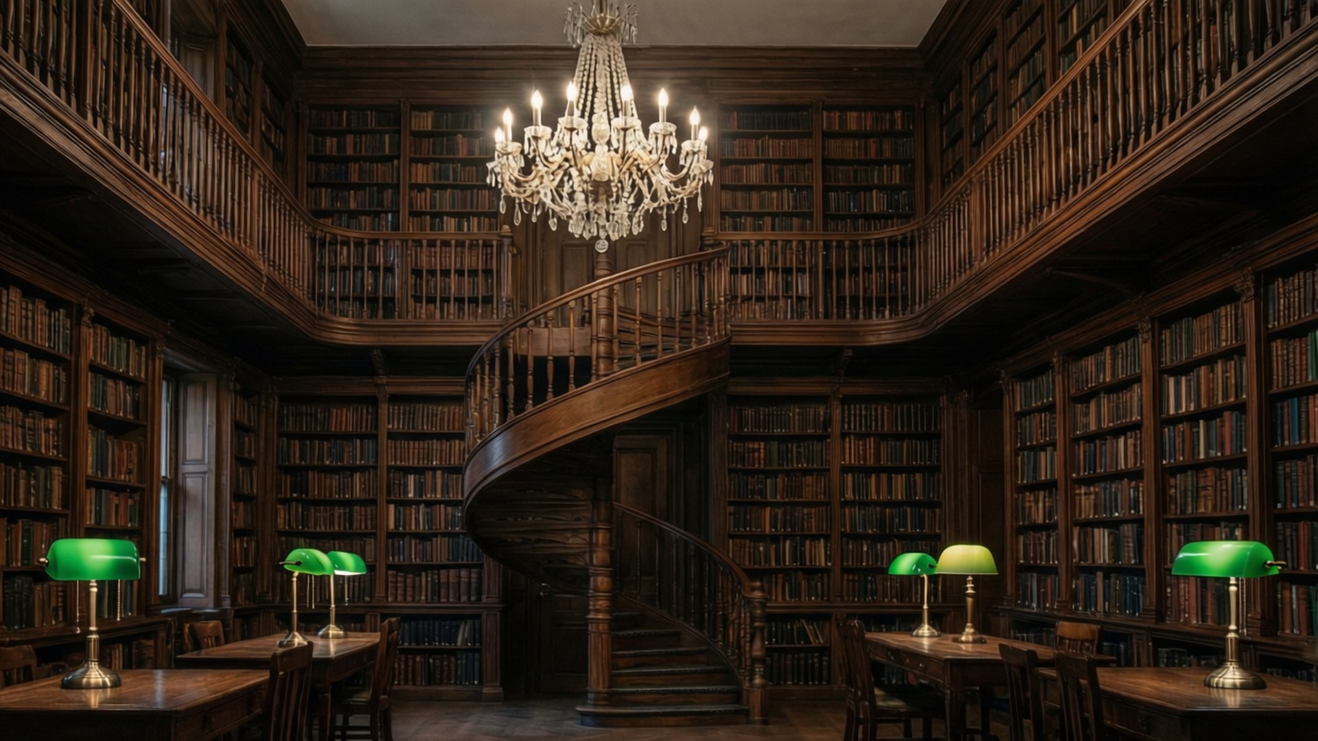 螺旋階段とシャンデリアを備えた荘厳なダークアカデミア図書館。