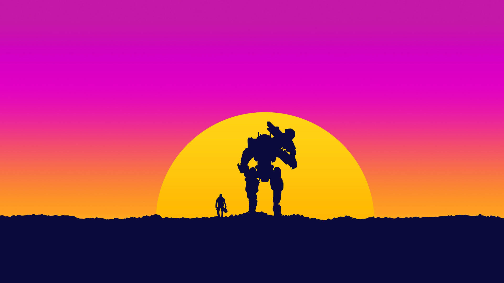夕日の中でゲームをする男とロボットの壁紙
