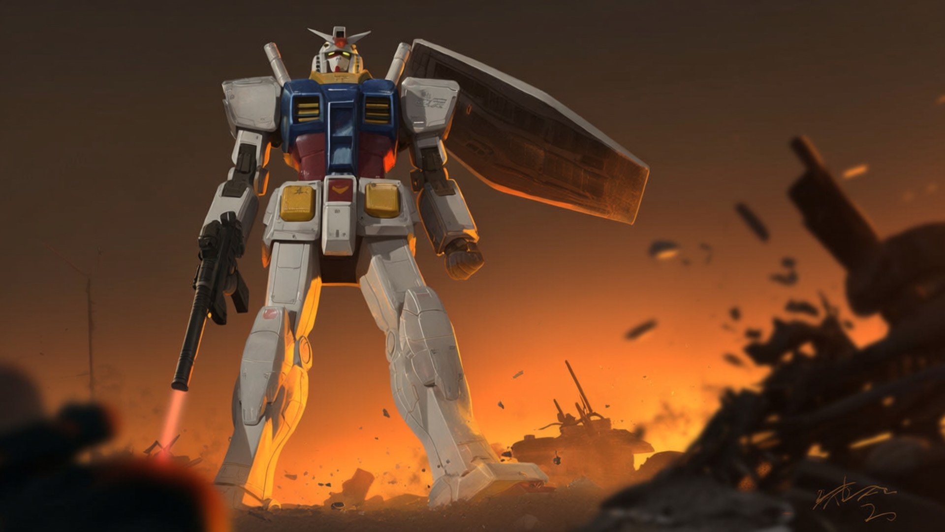 夕日の中のガンダム戦闘 壁紙