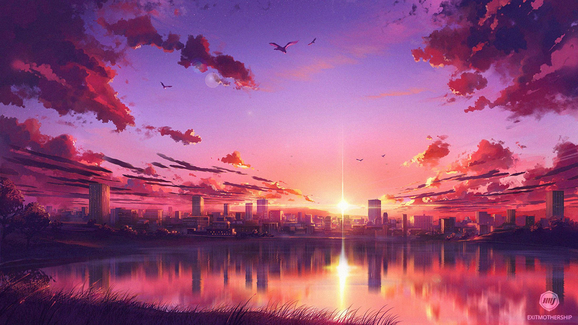 夕景のアニメ風シティレイク 壁紙